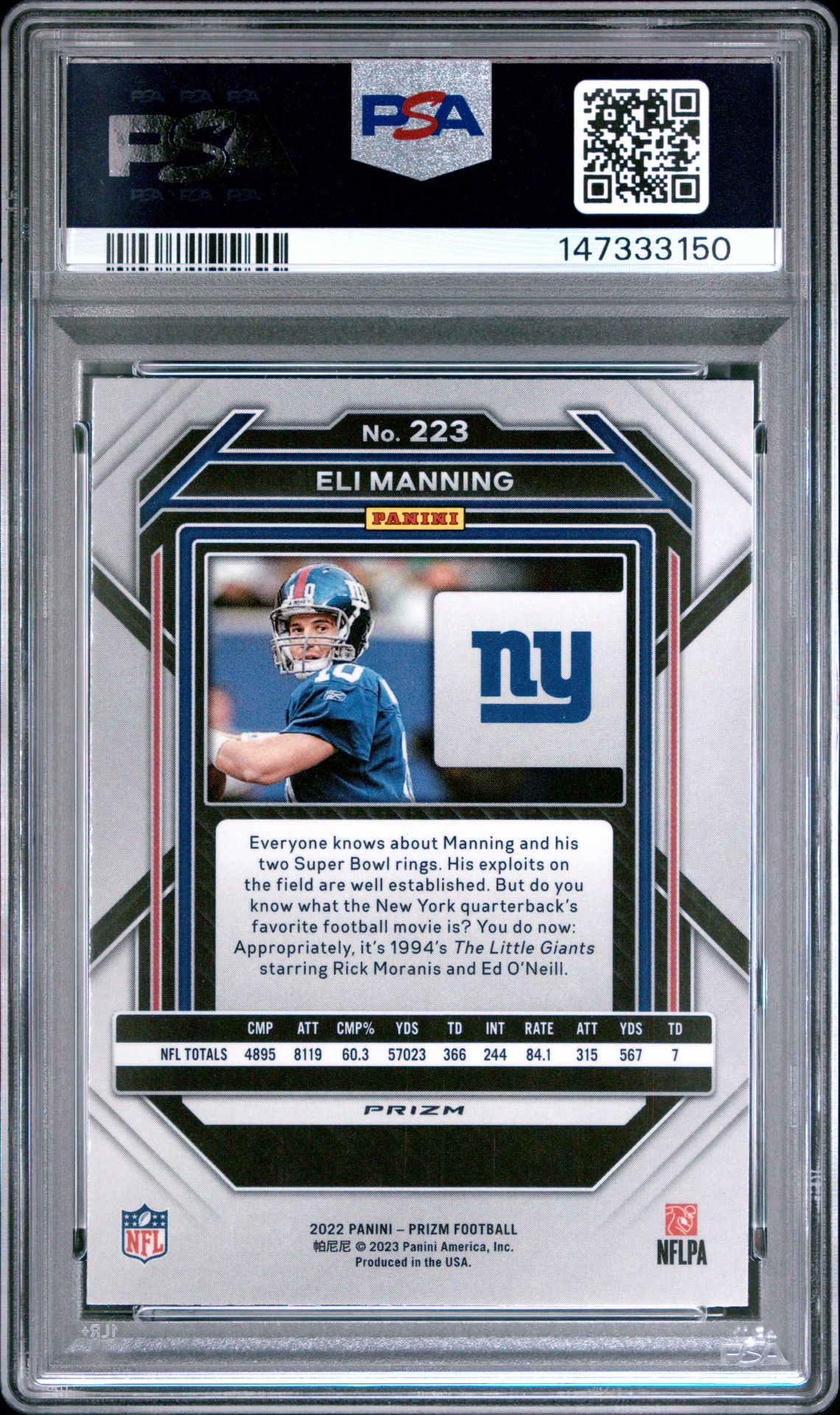 2022 Panini Prizm Eli Manning #223 (Red/White/Blue) Mint 9 back