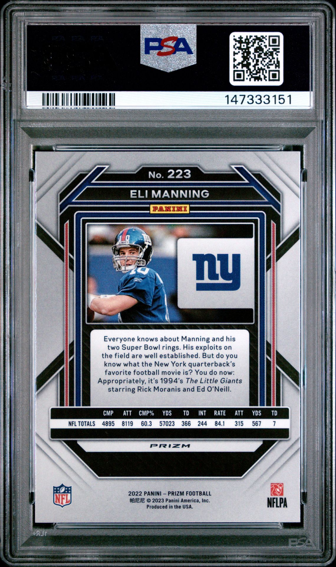 2022 Panini Prizm Eli Manning #223 (Silver Prizm) Mint 9 back