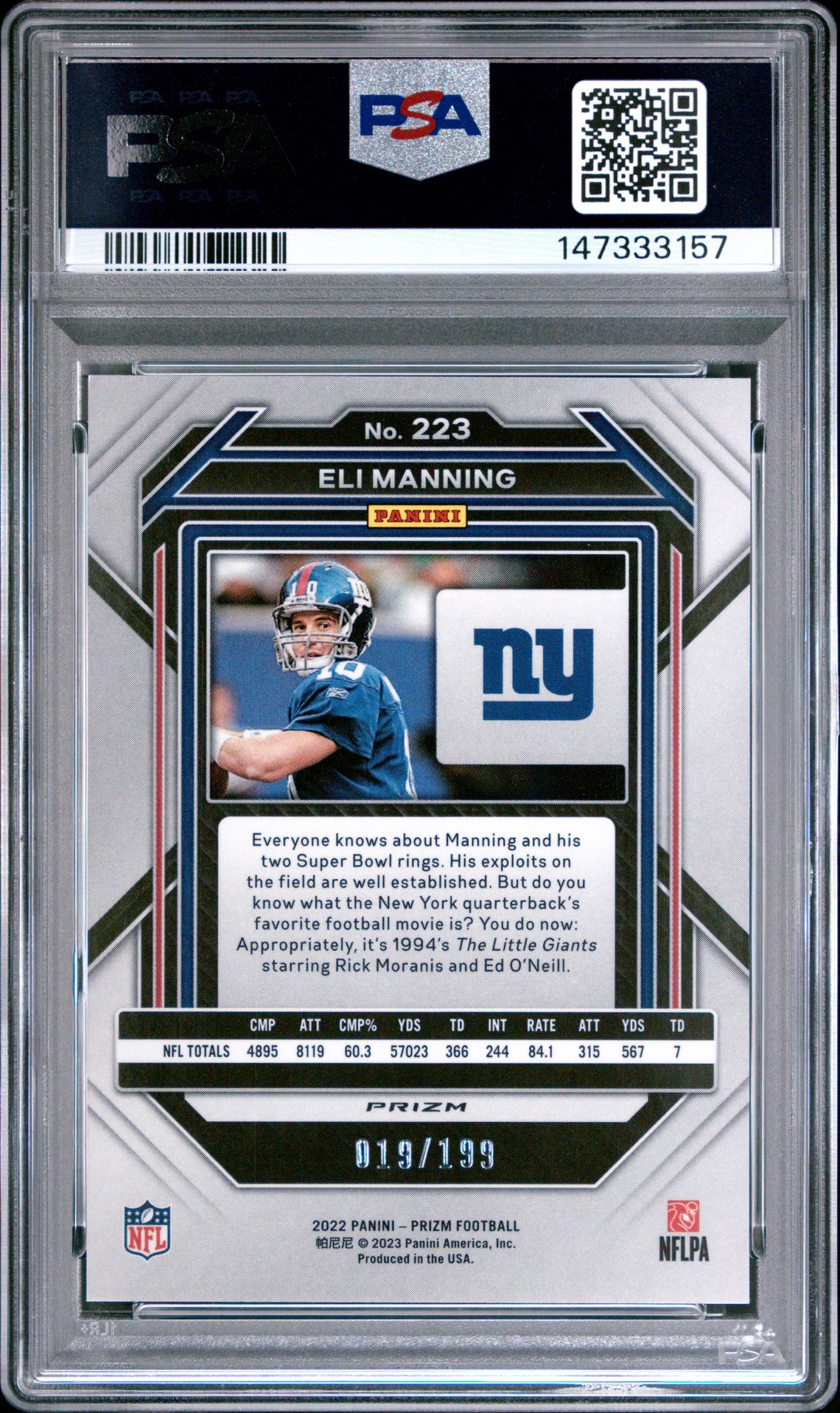 2022 Panini Prizm Eli Manning #223 (Blue Wave) Mint 9 back