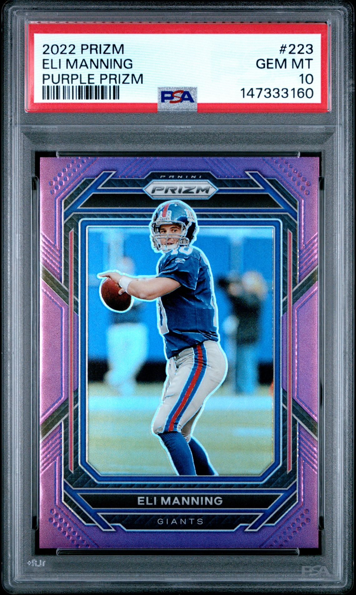 2022 Panini Prizm Eli Manning #223 (Purple Prizm) Gem Mt 10 front