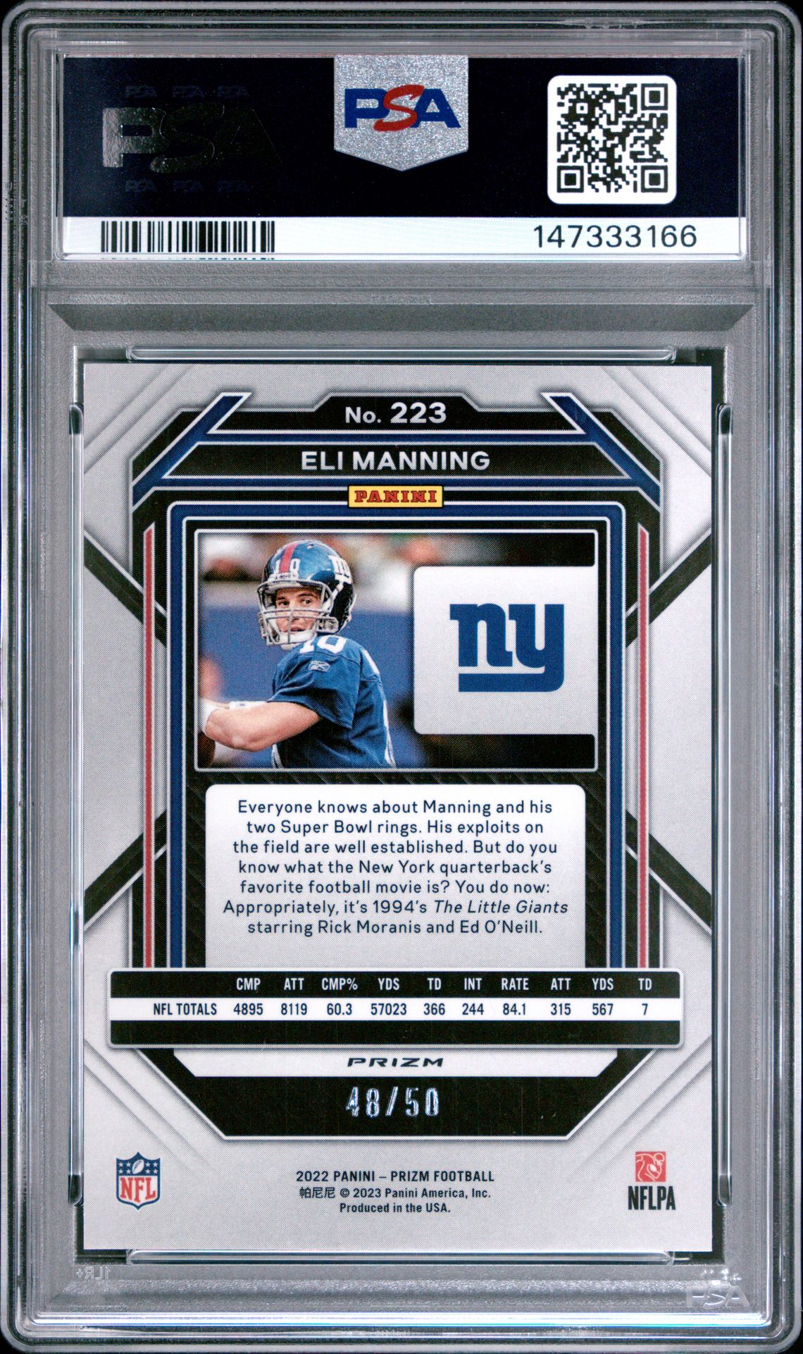 2022 Panini Prizm Eli Manning #223 (No Huddle Red) Gem Mt 10 back