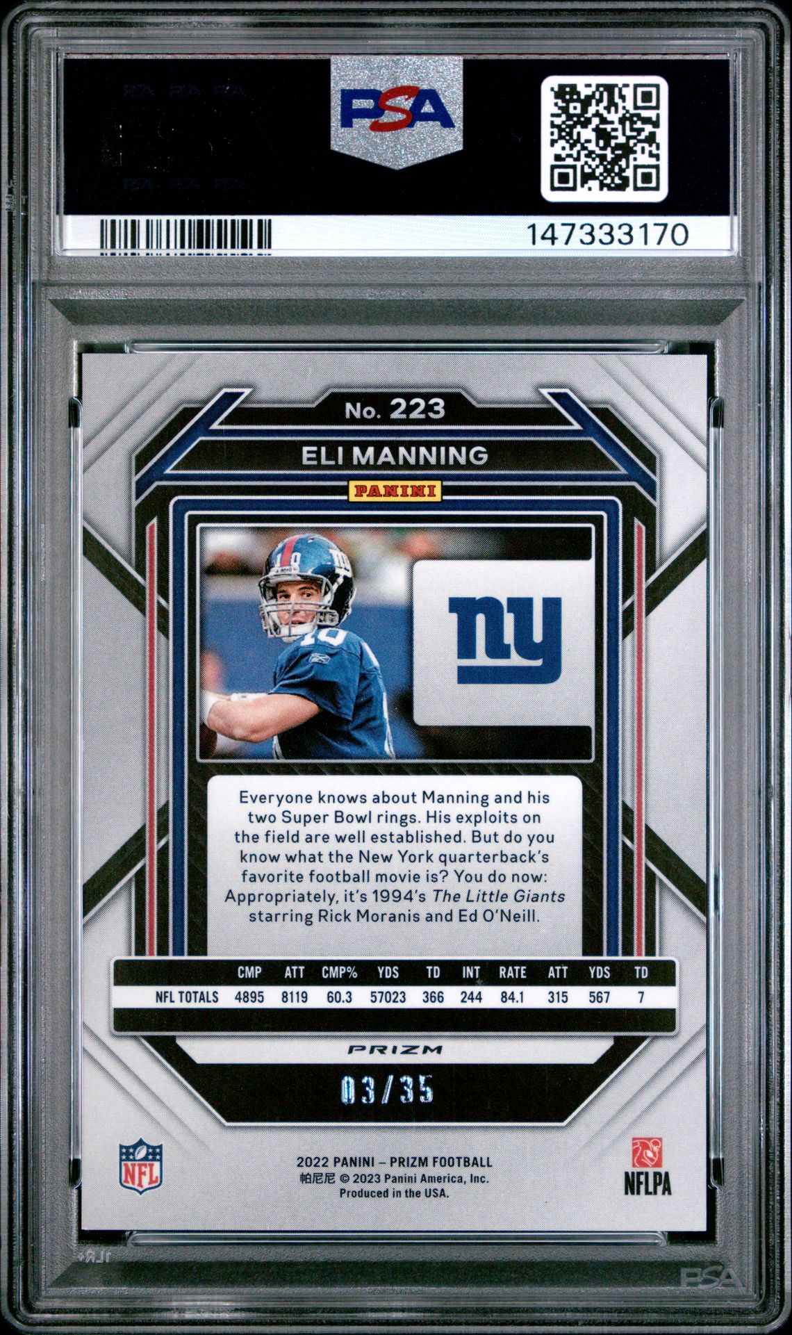 2022 Panini Prizm Eli Manning #223 (Red Shimmer) Gem Mt 10 back