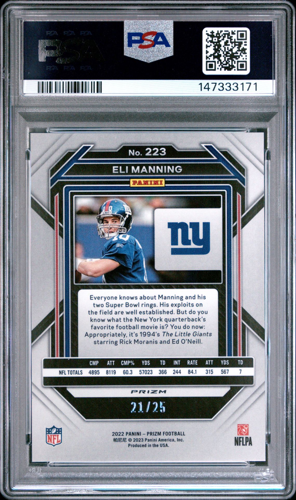 2022 Panini Prizm Eli Manning #223 (Blue Shimmer) Gem Mt 10 back