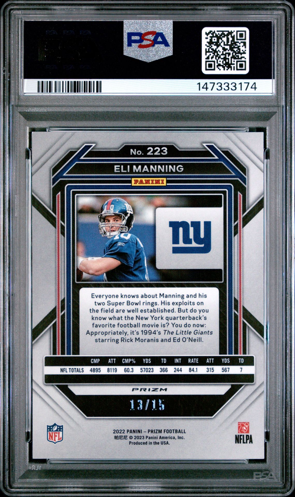 2022 Panini Prizm Eli Manning #223 (No Huddle Pink) Gem Mt 10 back