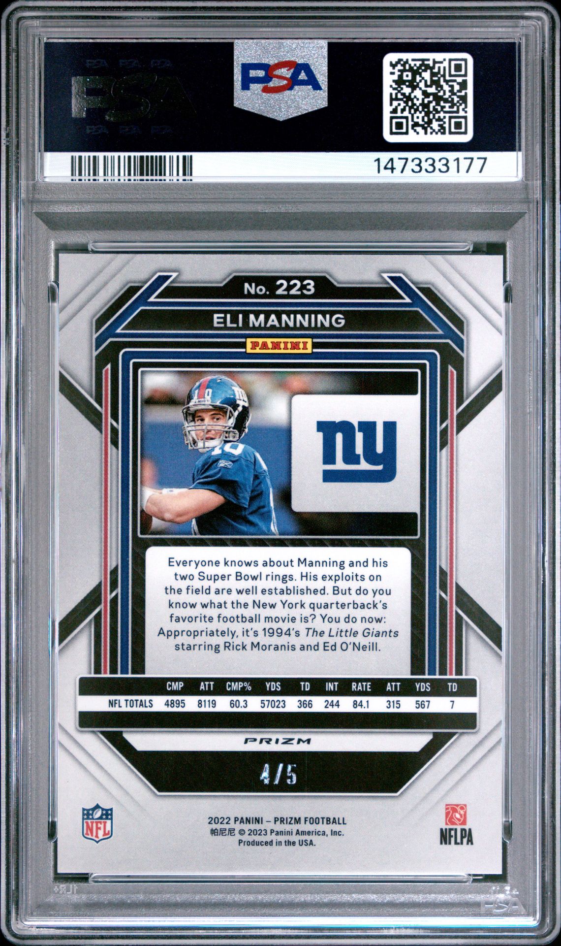 2022 Panini Prizm Eli Manning #223 (Green Shimmer) Mint 9 back
