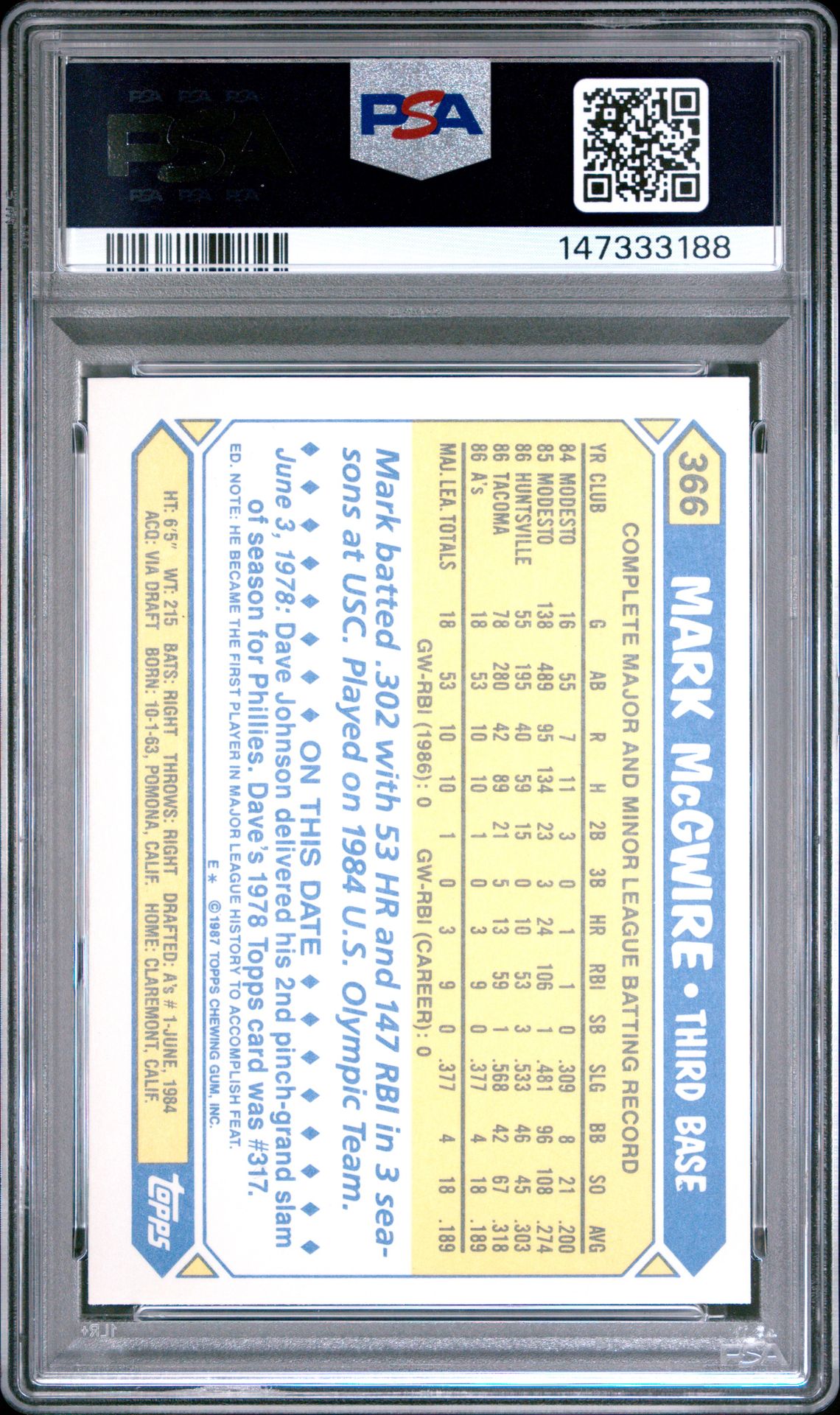 1987 Topps Tiffany Mark Mcgwire #366 Mint 9 back