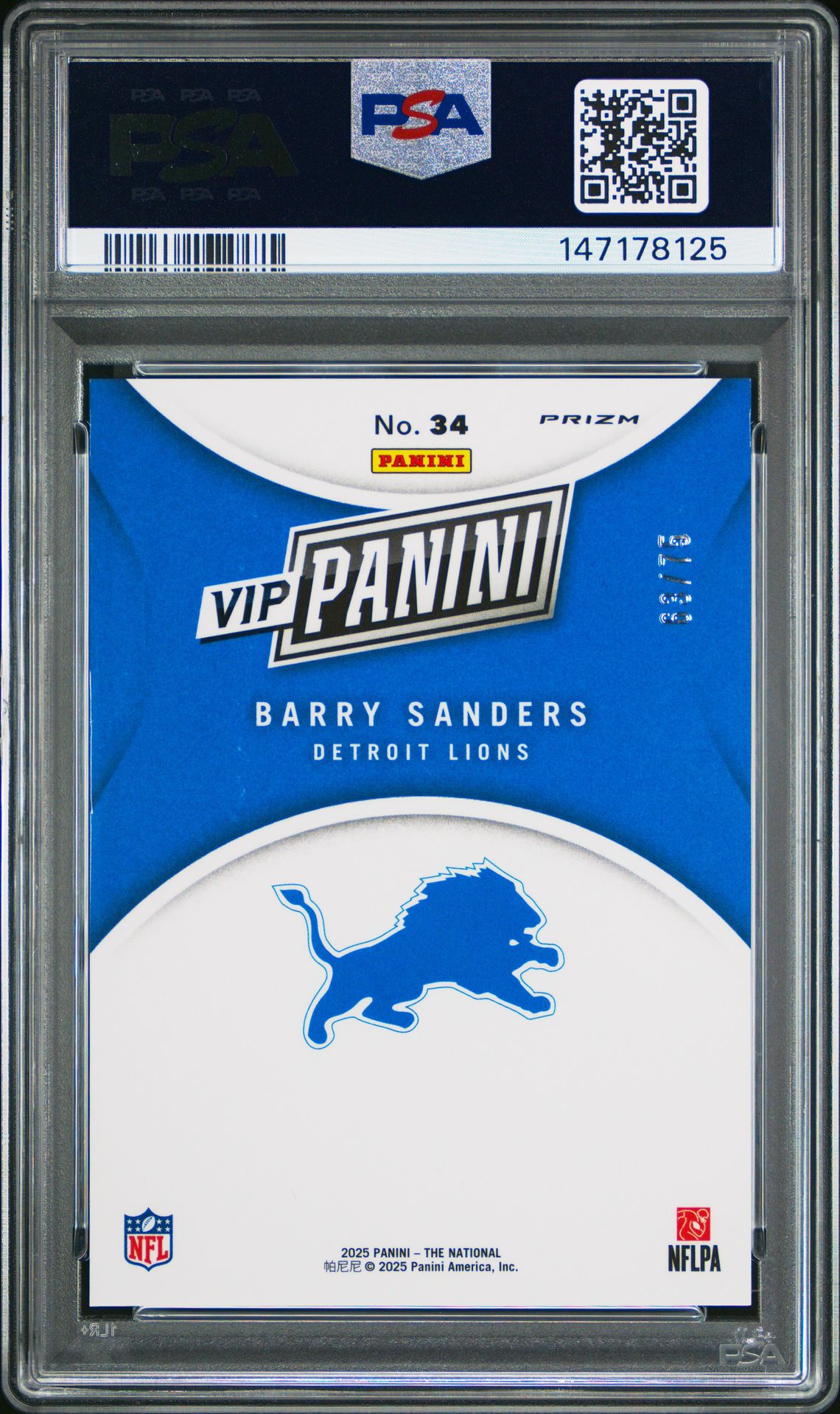 2025 Panini National Sports Collectors Convention Vip Gold Barry Sanders #34 (Blue Sparkle) Mint 9 back