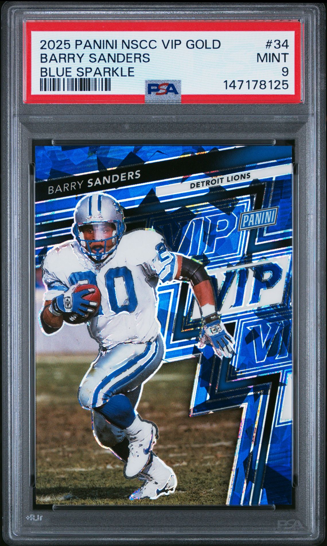 2025 Panini National Sports Collectors Convention Vip Gold Barry Sanders #34 (Blue Sparkle) Mint 9 front