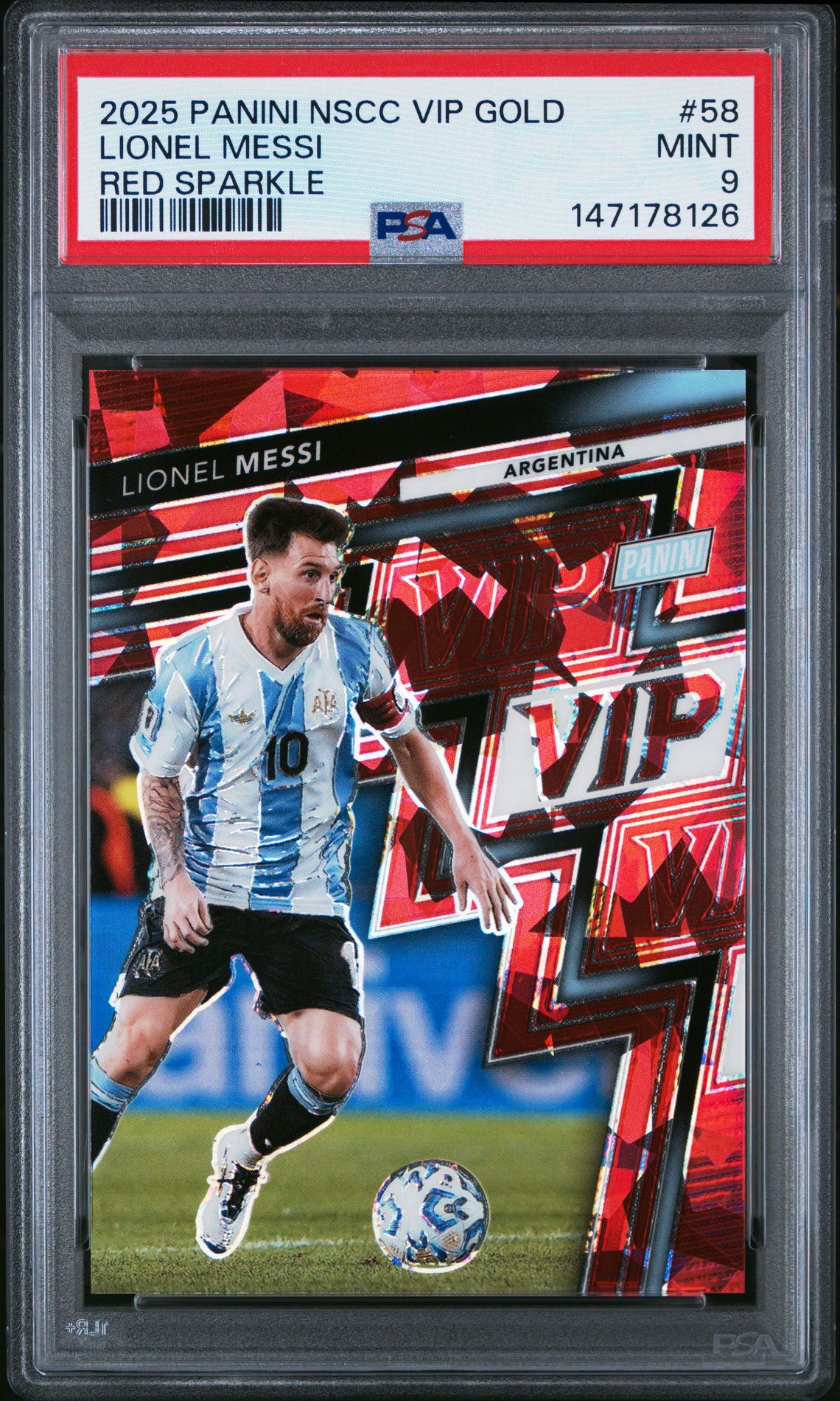 2025 Panini National Sports Collectors Convention Vip Gold Lionel Messi #58 (Red Sparkle) Mint 9 front