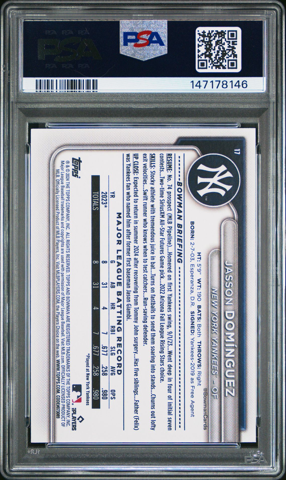 2024 Bowman Jasson Dominguez #17 (Neon Green) Nm-Mt 8 back