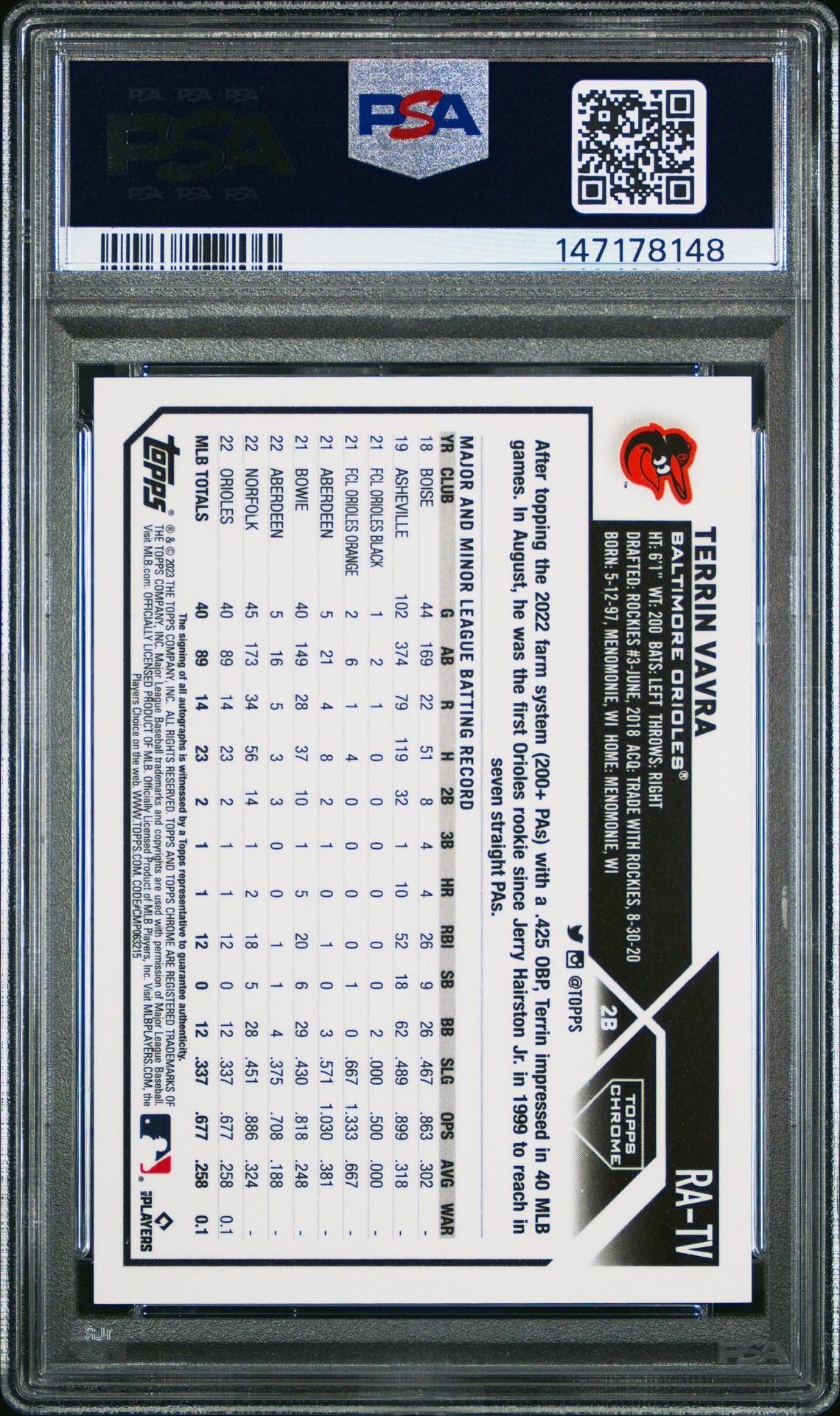 2023 Topps Chrome Update Autograph Terrin Vavra #Ratv (Auto-Purple Speckle Ref) Gem Mt 10 back