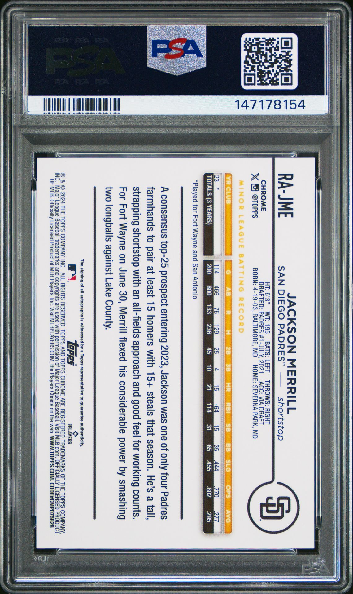 2024 Topps Chrome Rookie Autographs Jackson Merrill #Rajme Mint 9 back