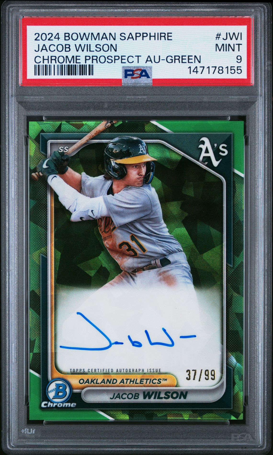 2024 Bowman Sapphire Edition Chrome Prospects Sapphire Autographs Jacob Wilson #Jwi (Chrome Prospect Au-Green) Mint 9 front