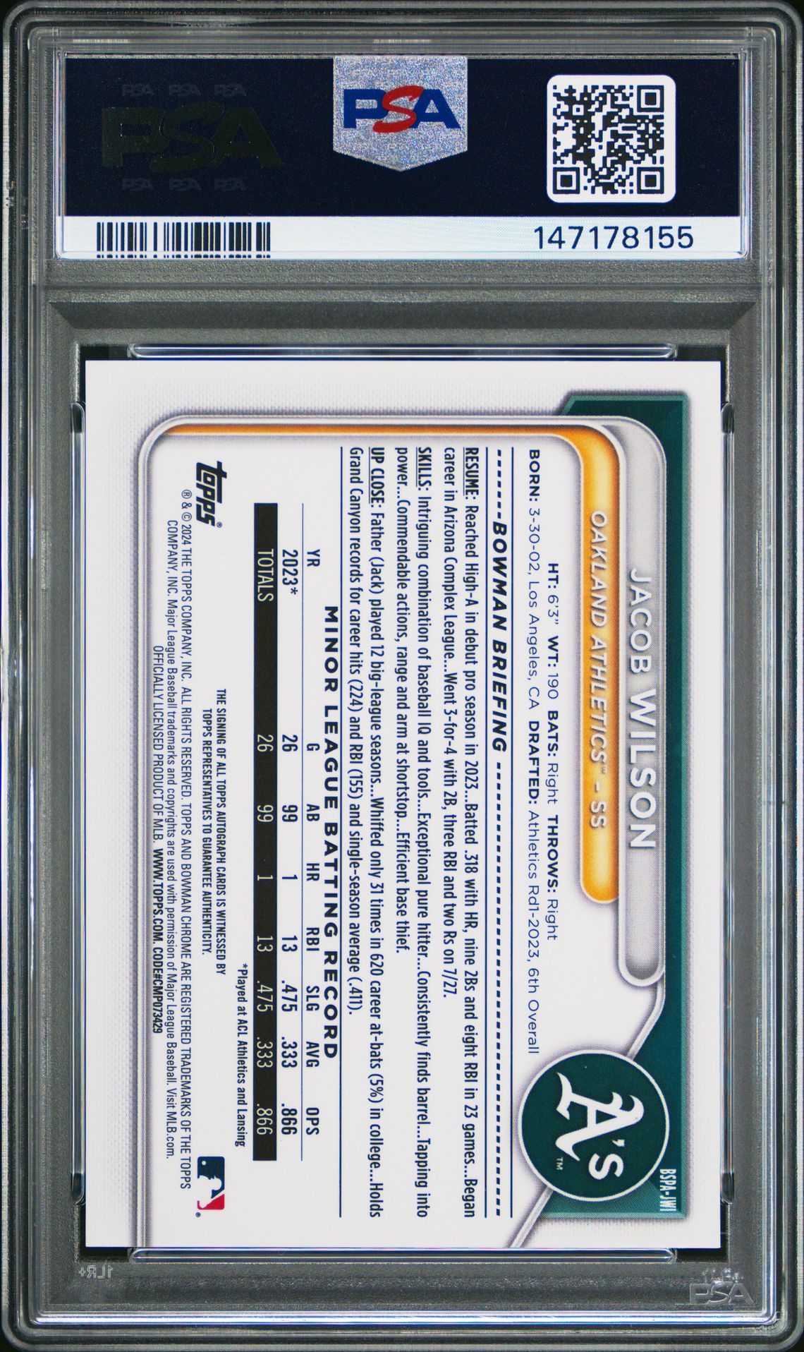 2024 Bowman Sapphire Edition Chrome Prospects Sapphire Autographs Jacob Wilson #Jwi (Chrome Prospect Au-Green) Mint 9 back