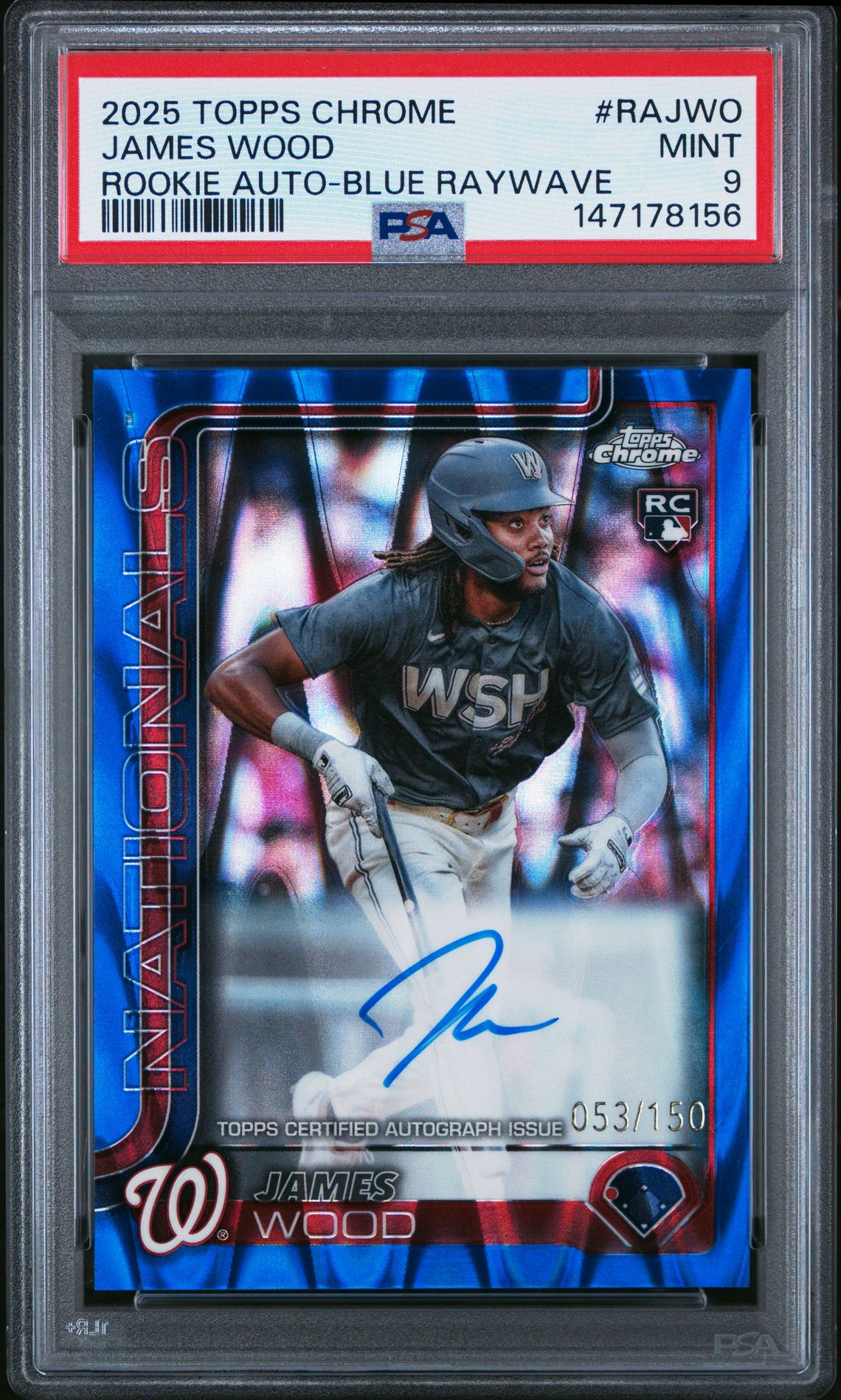 2025 Topps Chrome Rookie Autographs James Wood #Rajwo (Rookie Auto-Blue Raywave) Mint 9 front