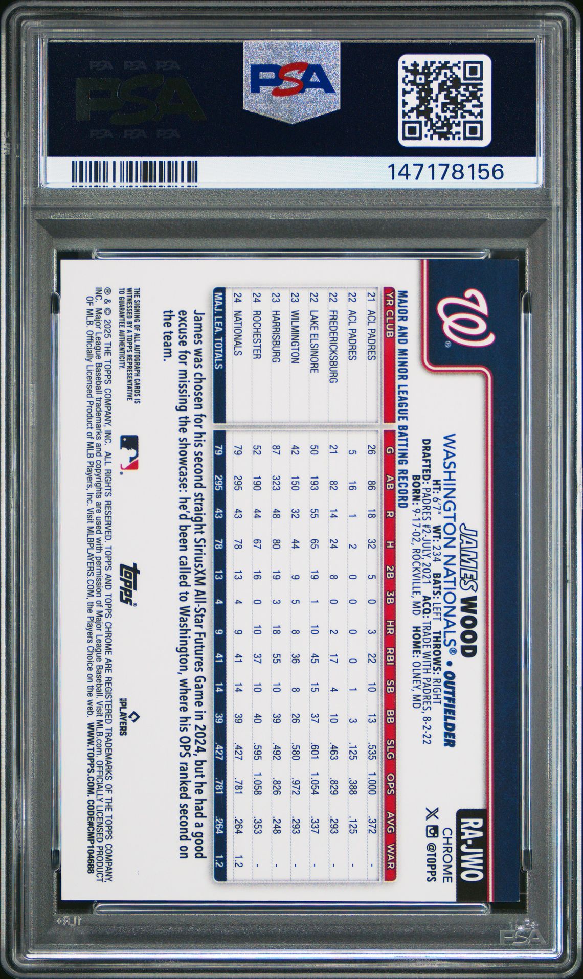 2025 Topps Chrome Rookie Autographs James Wood #Rajwo (Rookie Auto-Blue Raywave) Mint 9 back