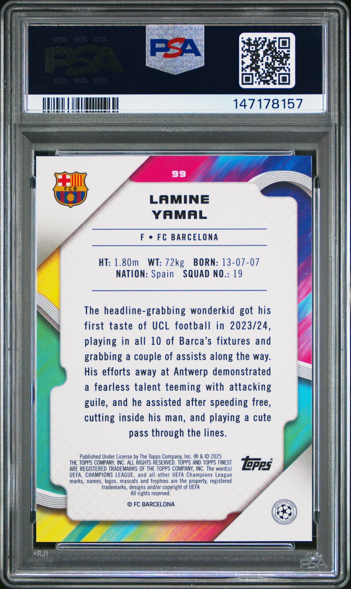 2024-25 Topps Finest Uefa Club Competitions Lamine Yamal #99 (Purple Lava) Gem Mt 10 back