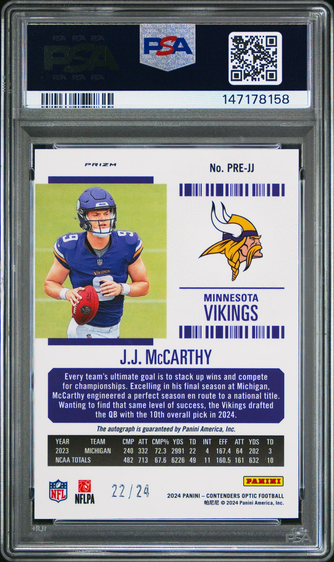 2024 Panini Zenith Contenders Optic Rookie Ticket Rps Preview Autographs Jj Mccarthy #Prejj (Cor Tkt Rps Prev Auto-Green) Gem Mt 10 back view - PSA certificate #147178158