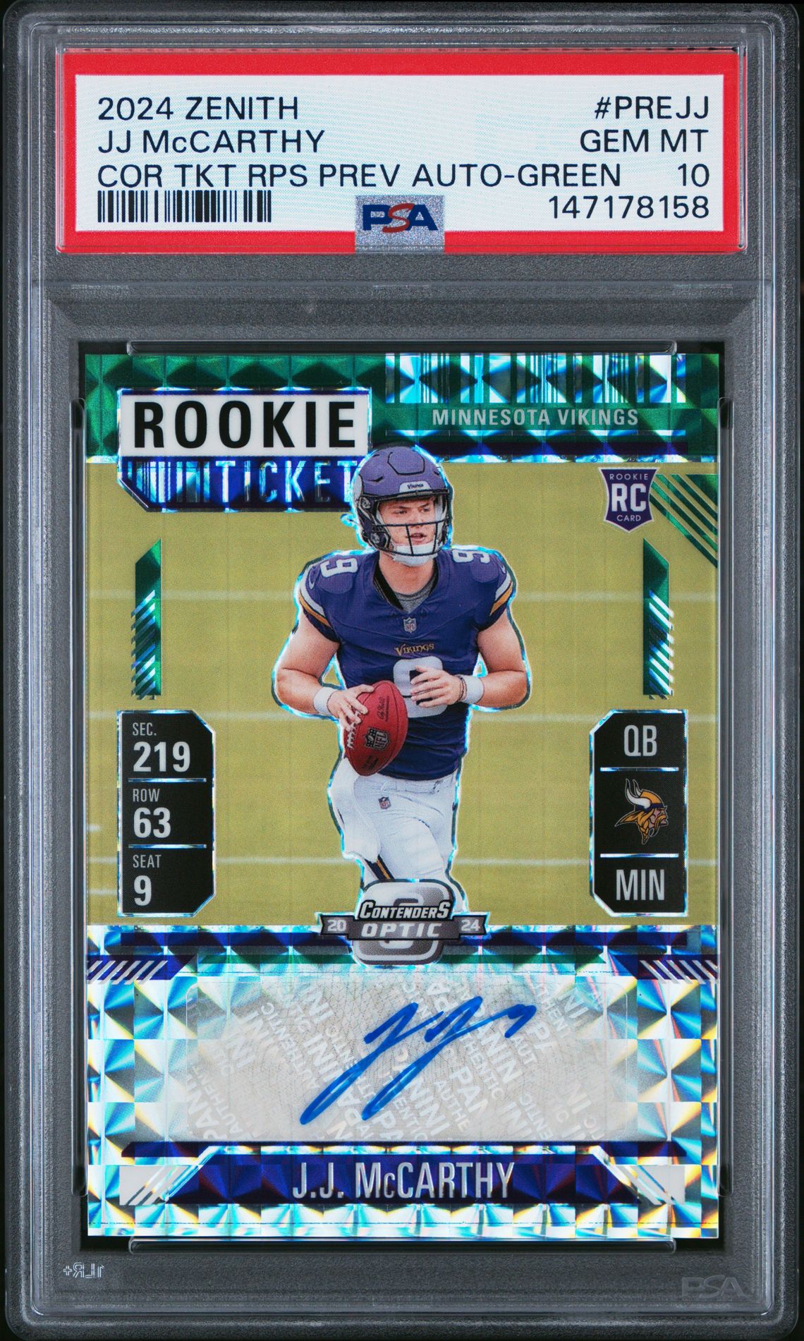 2024 Panini Zenith Contenders Optic Rookie Ticket Rps Preview Autographs Jj Mccarthy #Prejj (Cor Tkt Rps Prev Auto-Green) Gem Mt 10 front view - PSA graded GEM MT 10