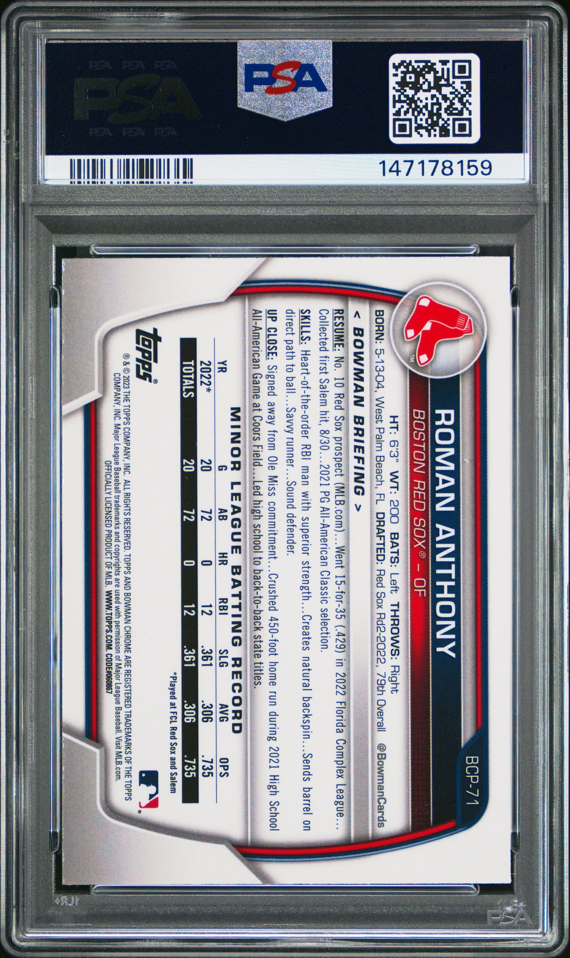 2023 Bowman Mega Box Chrome Roman Anthony #71 (Chrome) Mint 9 back