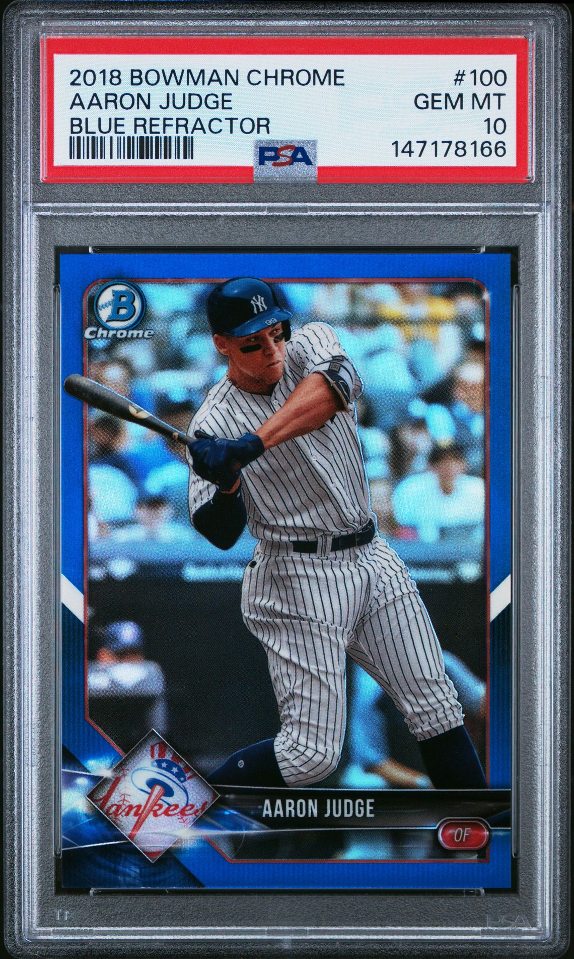2018 Bowman Chrome Aaron Judge #100 (Blue Refractor) Gem Mt 10 front view - PSA graded GEM MT 10