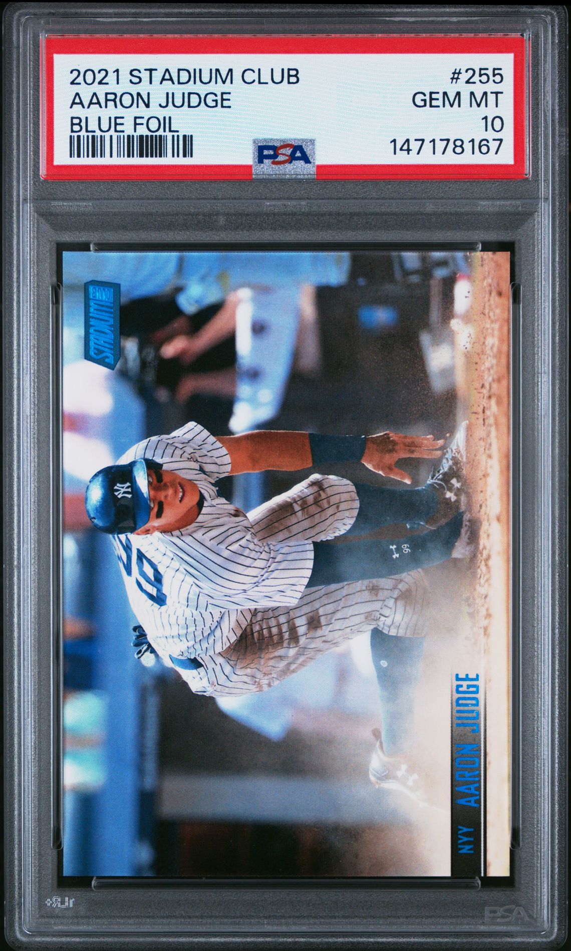 2021 Topps Stadium Club Aaron Judge #255 (Blue Foil) Gem Mt 10 front view - PSA graded GEM MT 10