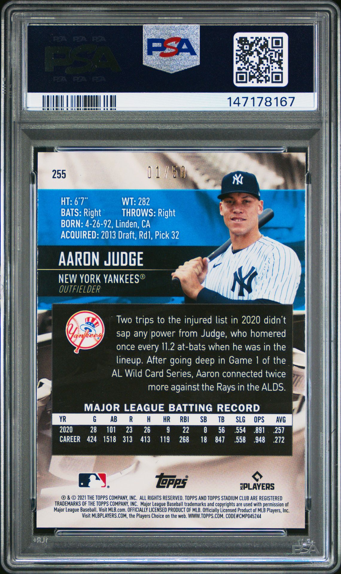 2021 Topps Stadium Club Aaron Judge #255 (Blue Foil) Gem Mt 10 back view - PSA certificate #147178167