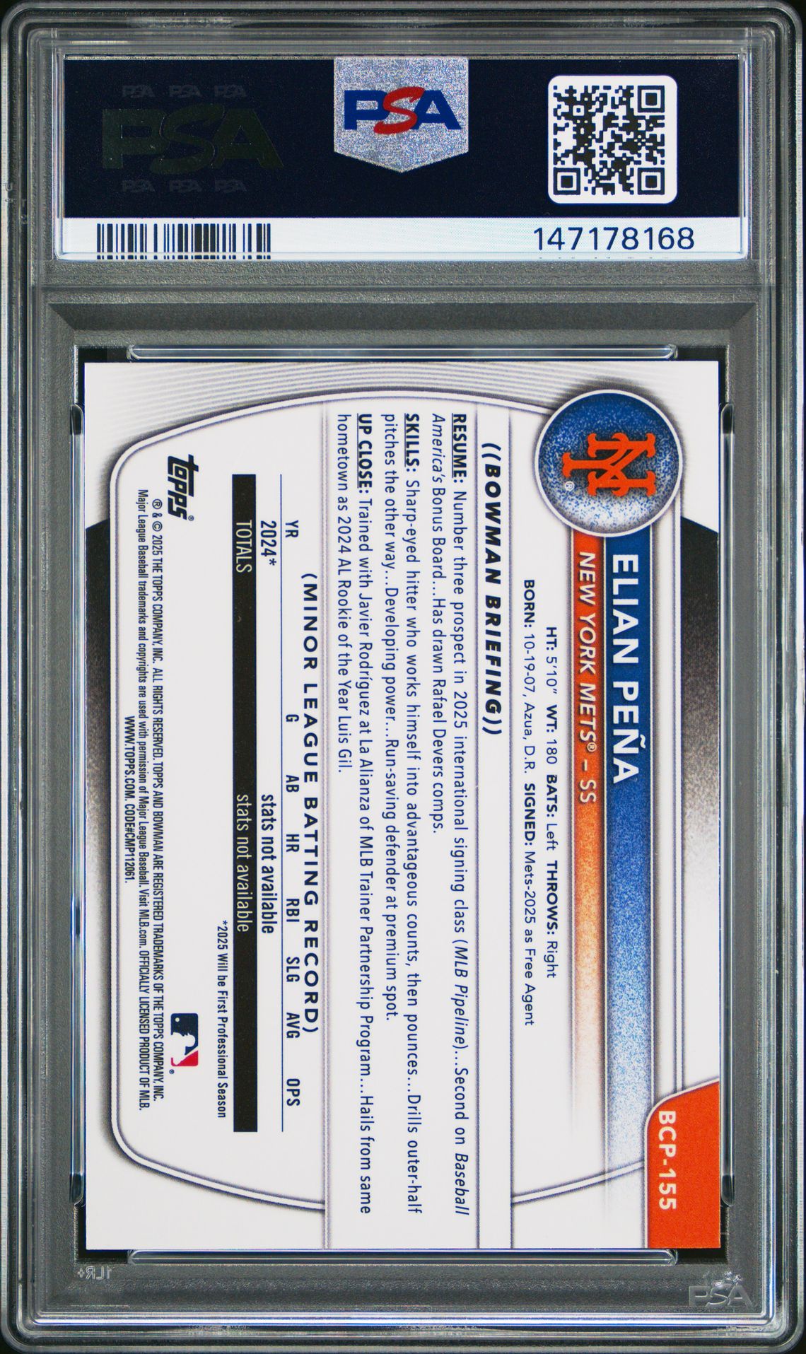 2025 Bowman Chrome Prospects Elian Pena #Bcp155 (Prospects-Blue Wave) Gem Mt 10 back