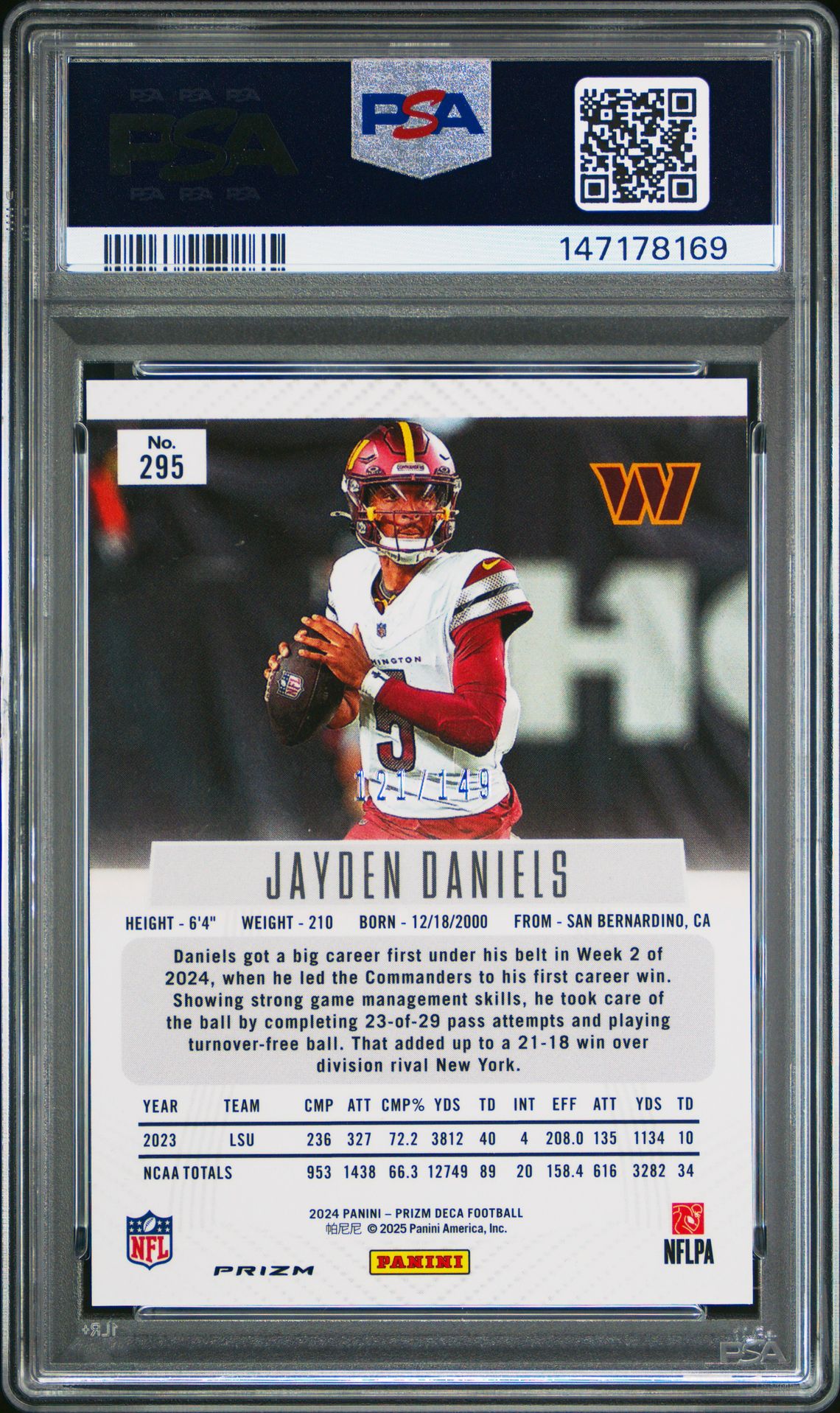 2024 Panini Prizm Deca Jayden Daniels #295 (Blue Prizm) Mint 9 back