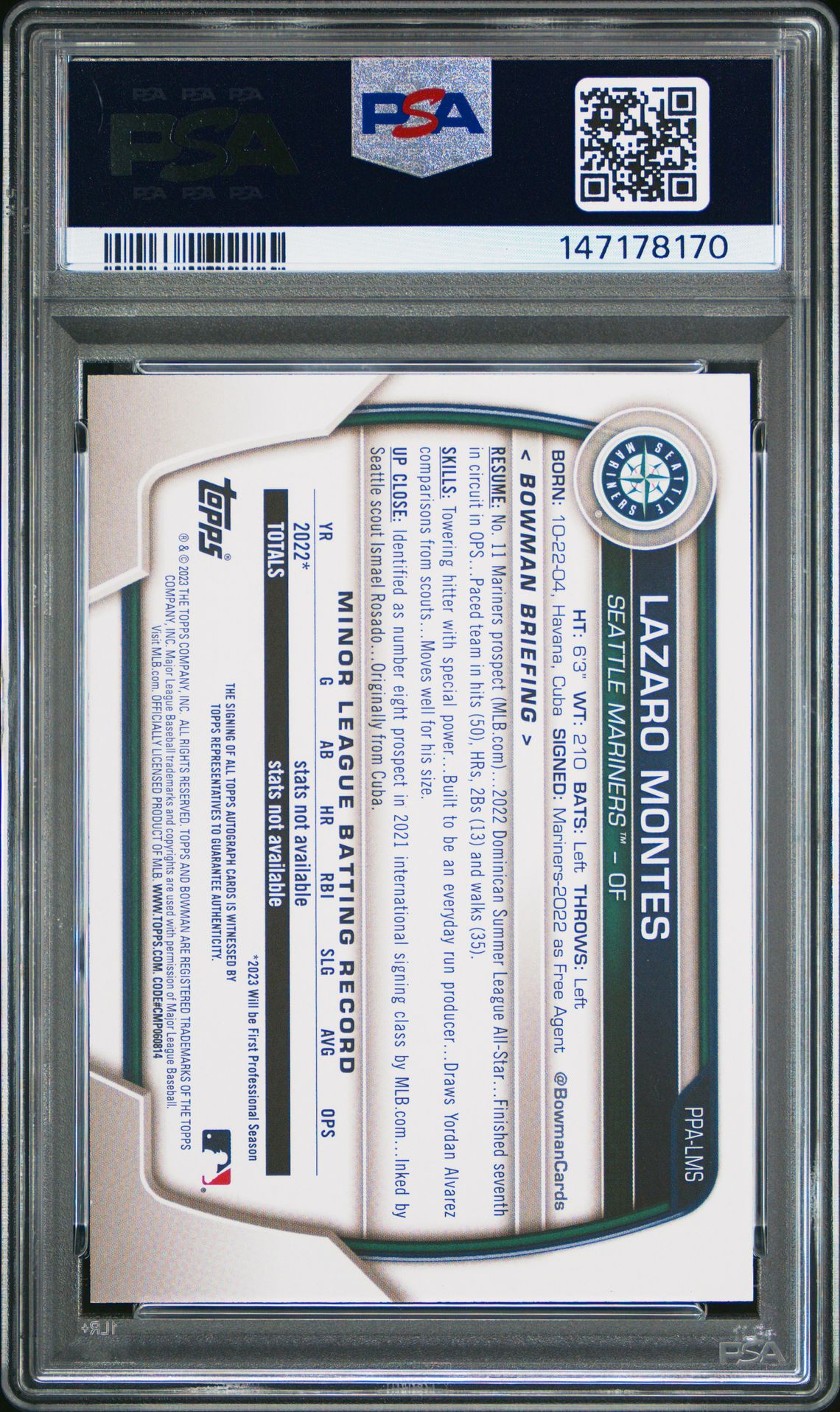 2023 Bowman Prospect Autographs Lazaro Montes #Ppalms (Prospect Autographs) Gem Mt 10 back view - PSA certificate #147178170