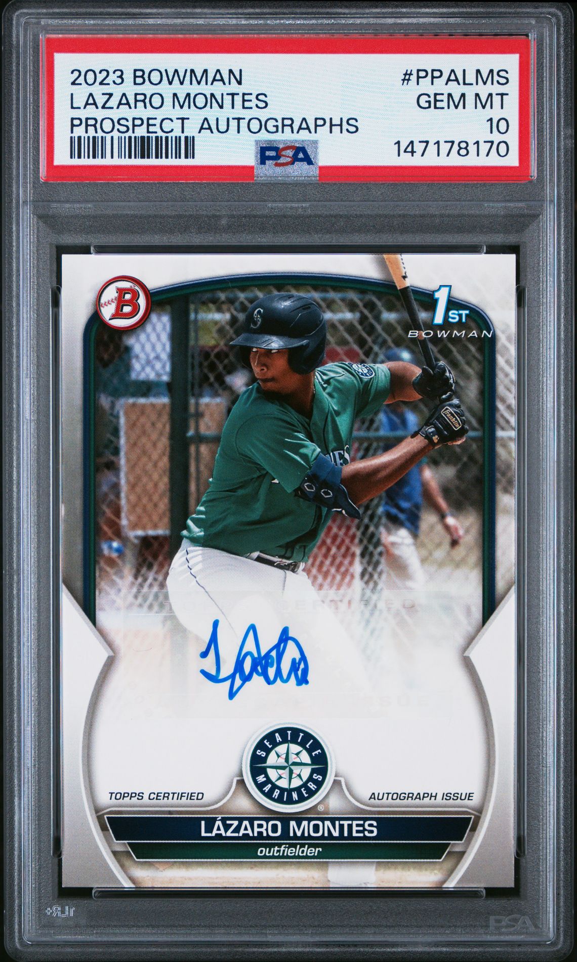 2023 Bowman Prospect Autographs Lazaro Montes #Ppalms (Prospect Autographs) Gem Mt 10 front view - PSA graded GEM MT 10