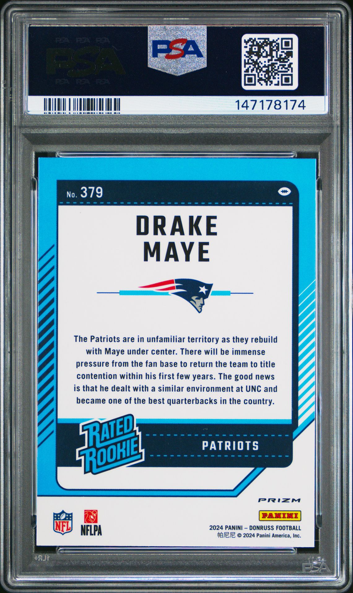 2024 Panini Donruss Drake Maye #379 (Optic Preview-Red Wave) Gem Mt 10 back
