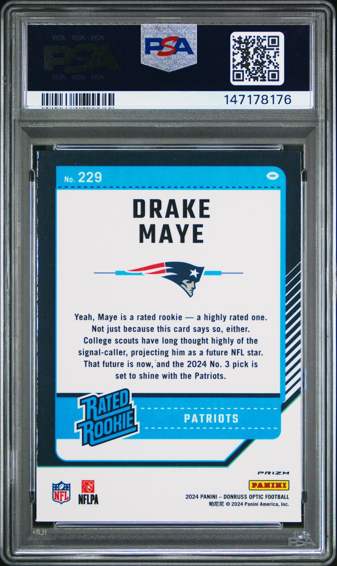 2024 Panini Donruss Optic Drake Maye #229 (Blue Scope) Mint 9 back