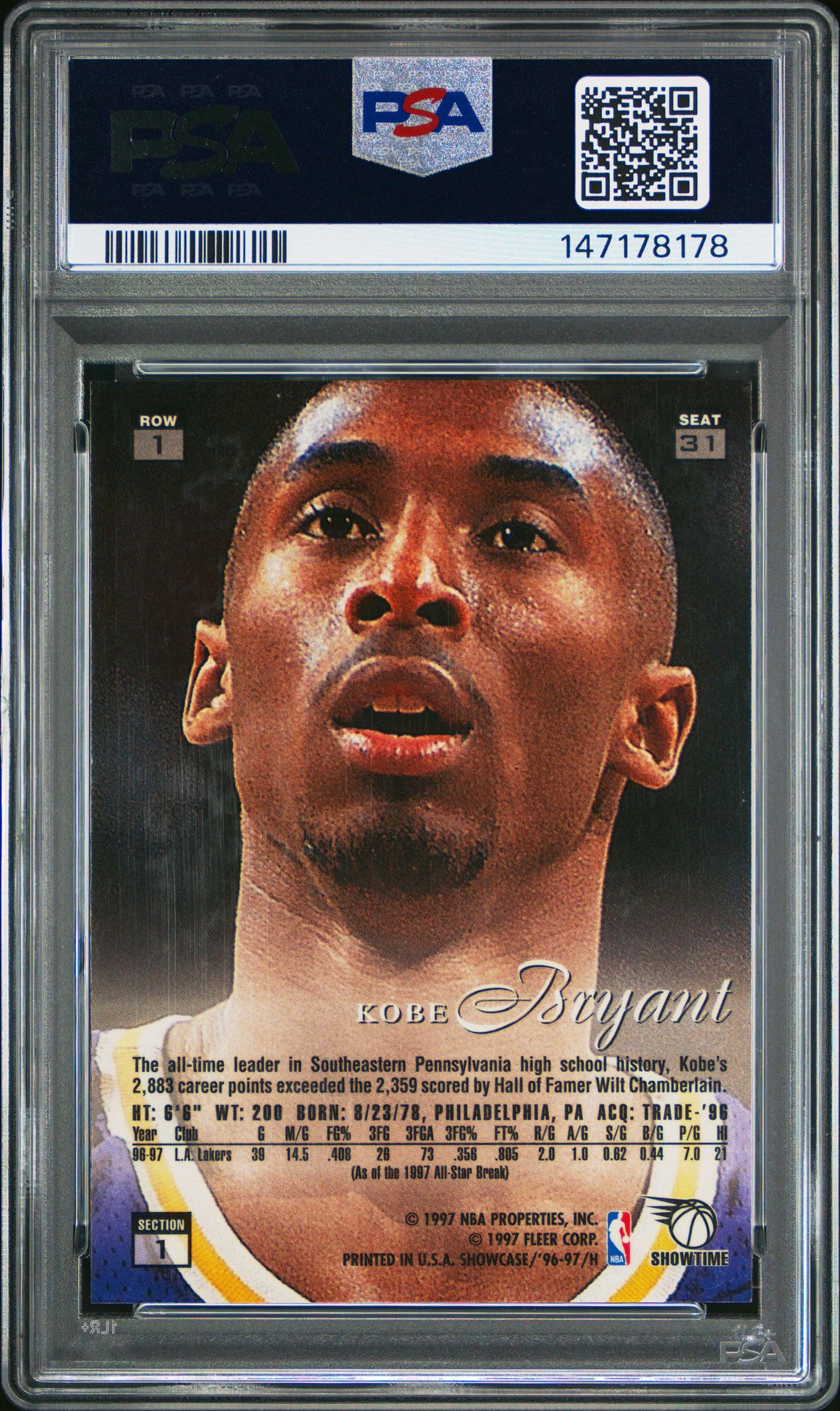 1996 Flair Showcase Kobe Bryant #31 (Row 1) Nm-Mt 8 back