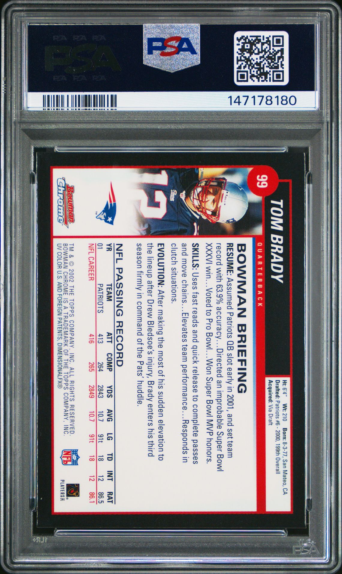 2002 Bowman Chrome Tom Brady #99 Mint 9 back