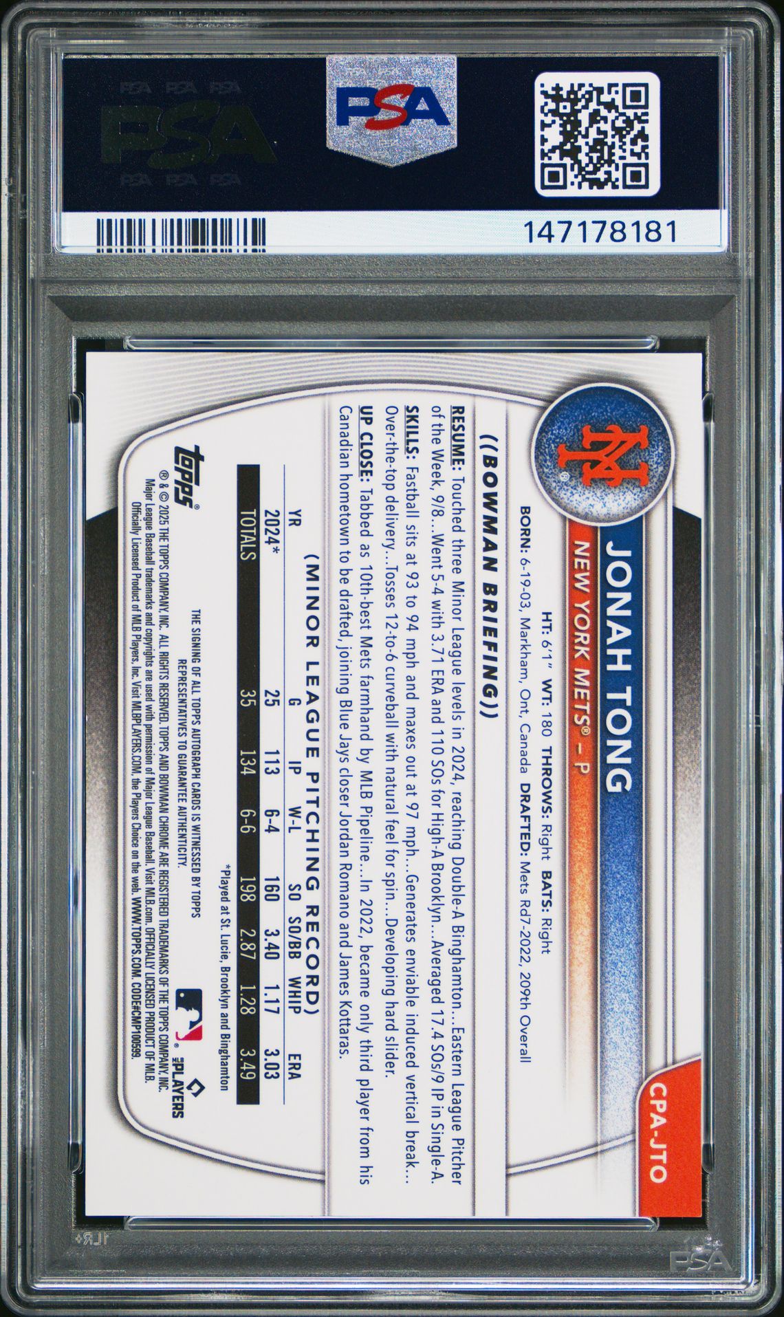 2025 Bowman Chrome Prospect Autographs Jonah Tong #Cpajto Gem Mt 10 back