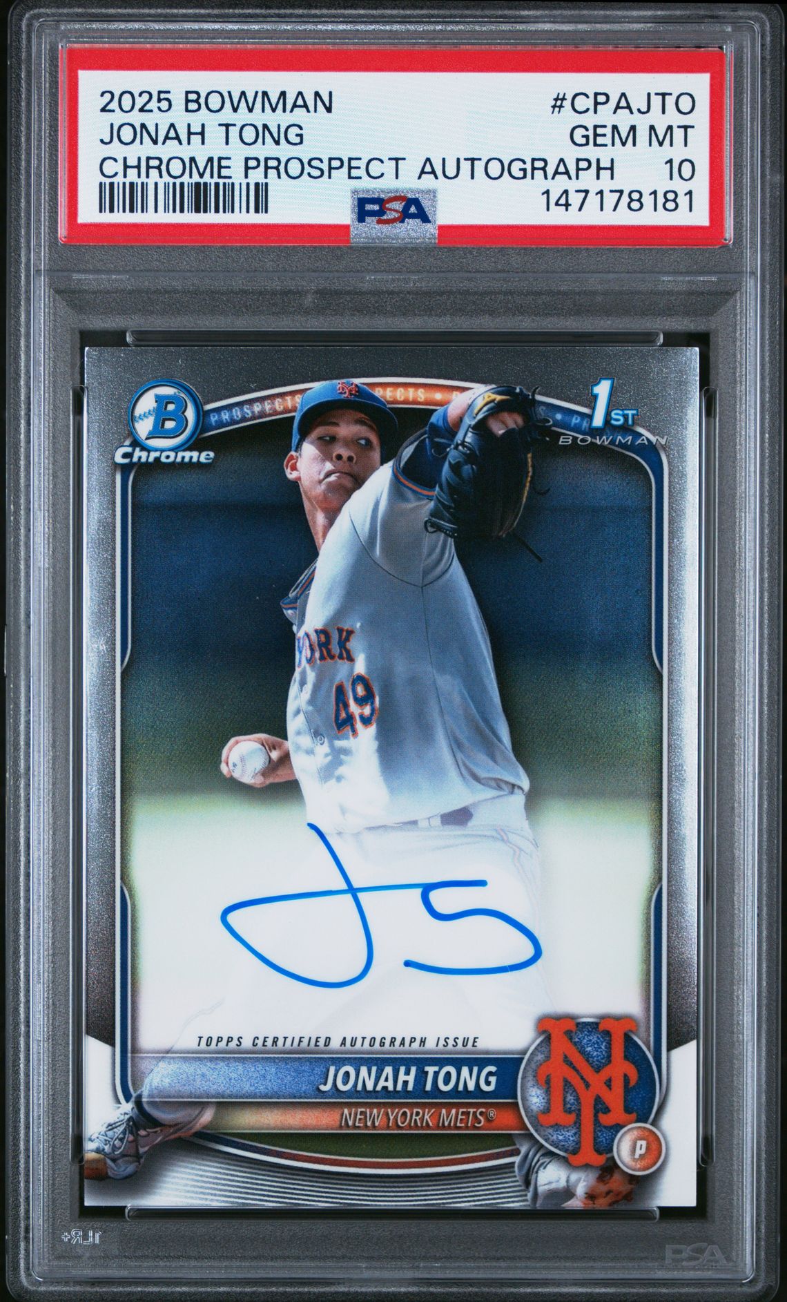 2025 Bowman Chrome Prospect Autographs Jonah Tong #Cpajto Gem Mt 10 front