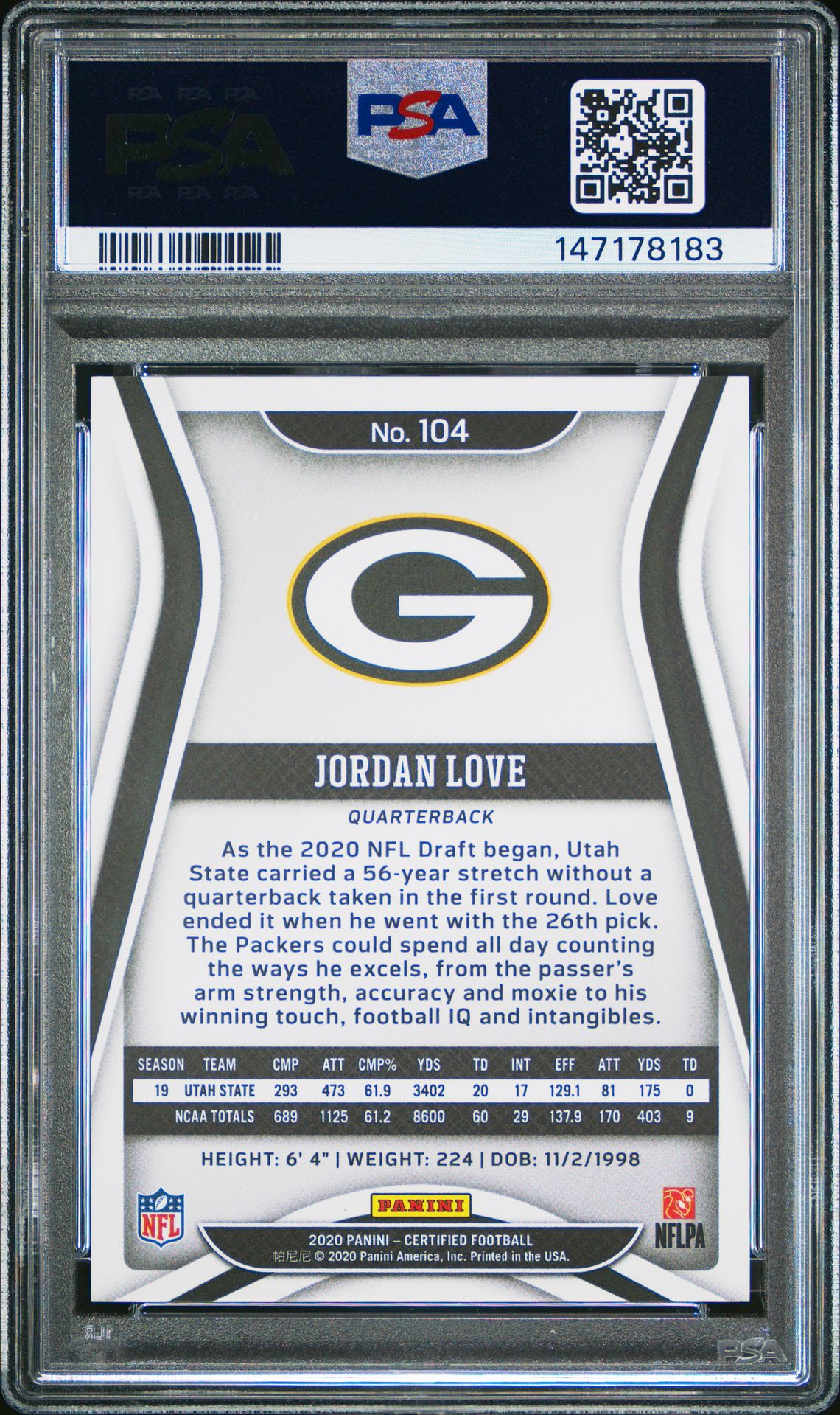 2020 Panini Certified Jordan Love #104 (Mirror Orange) Mint 9 back