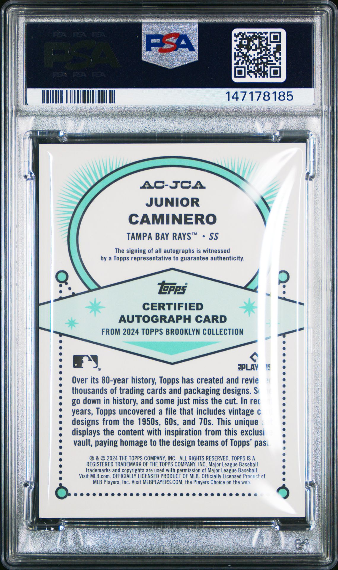 2024 Topps Brooklyn Collection Autographs Junior Caminero #Jca (Autograph-Gold) Mint 9 back
