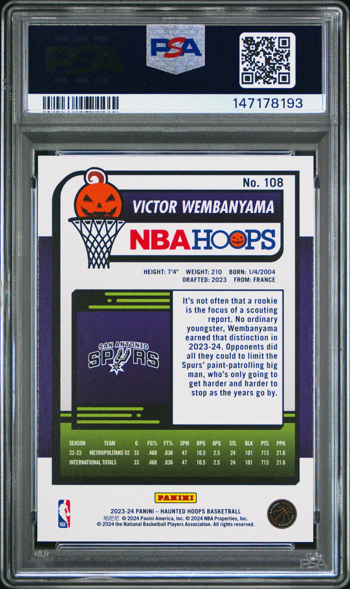 2023 Panini Haunted Hoops Victor Wembanyama #108 (Orange) Gem Mt 10 back