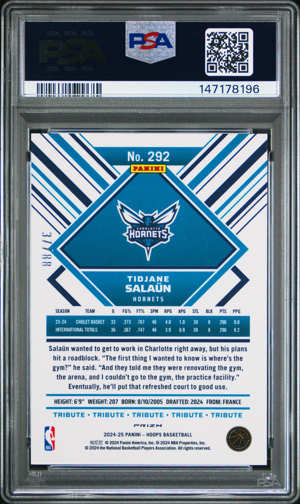 2024 Panini Nba Hoops Tidjane Salaun #292 (Prem Prizms Winter Blizzard) Gem Mt 10 back