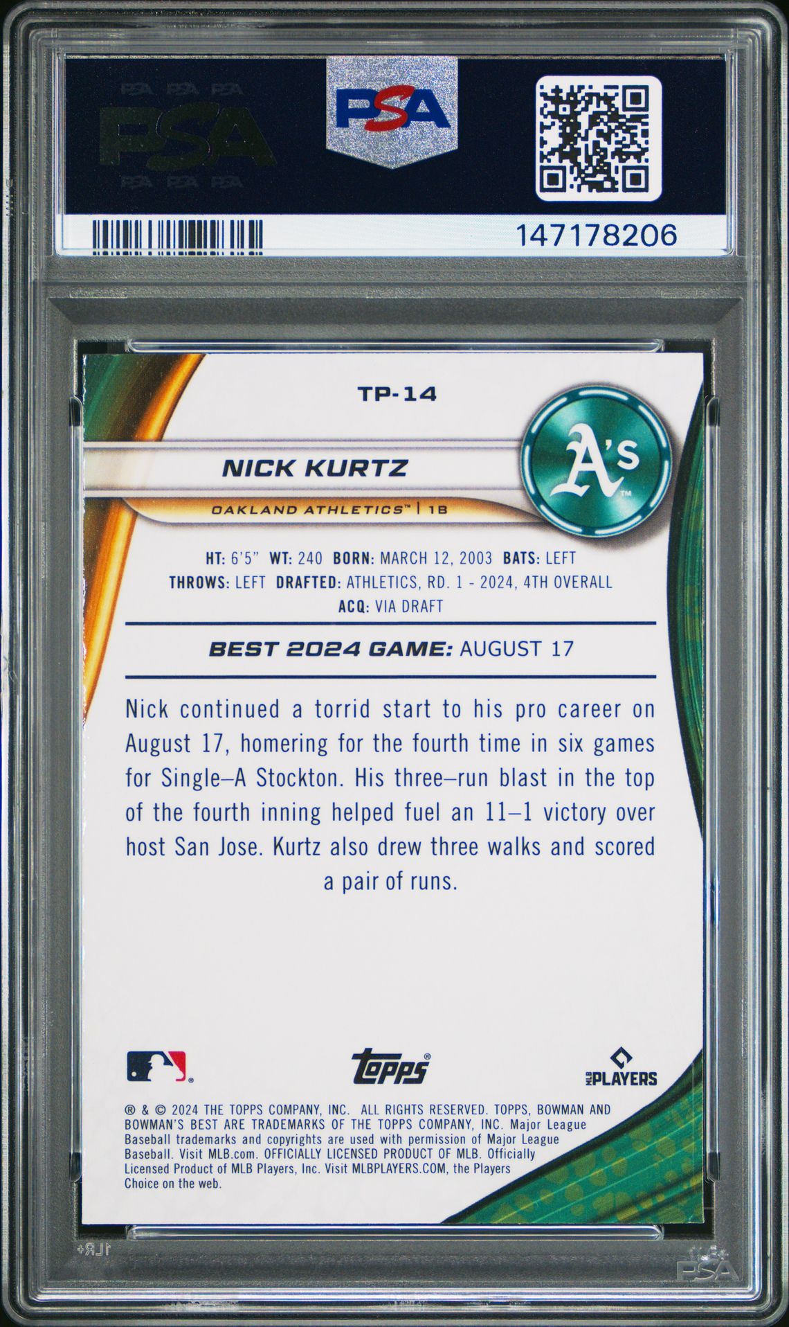 2024 Bowman's Best Top Prospects Nick Kurtz #Tp14 (Top Prospects-Purple Ref) Gem Mt 10 back