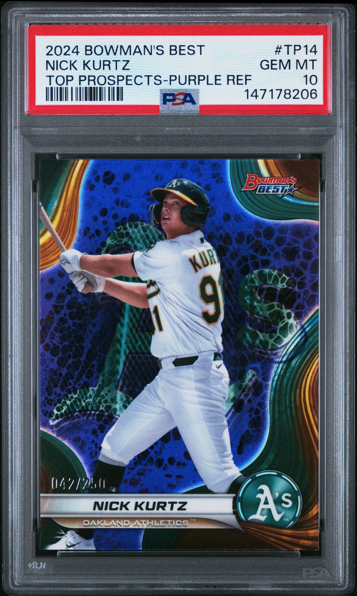 2024 Bowman's Best Top Prospects Nick Kurtz #Tp14 (Top Prospects-Purple Ref) Gem Mt 10 front