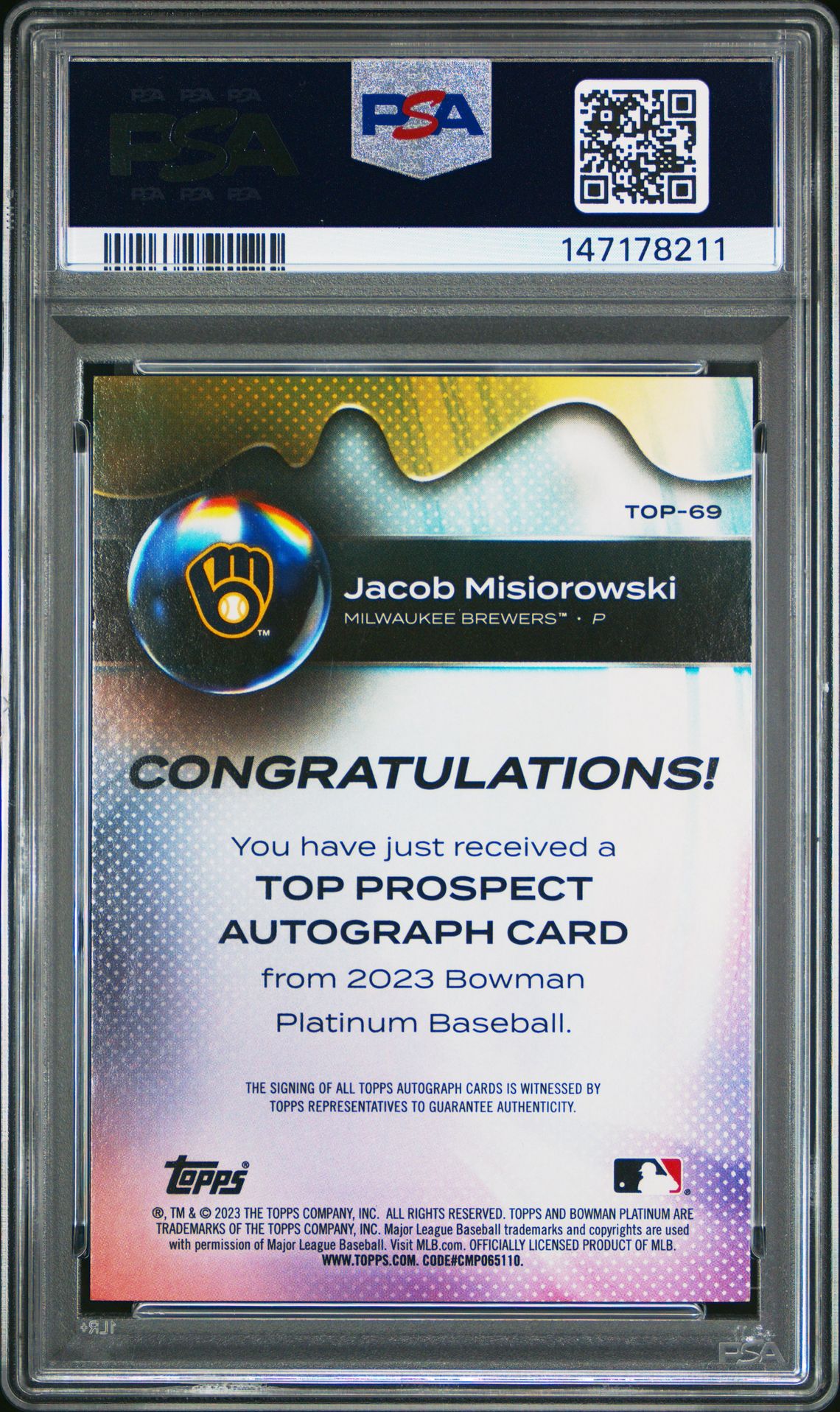 2023 Bowman Platinum Top Prospects Jacob Misiorowski #Top69 (Top Prospects-Auto-Orange) Mint 9 back