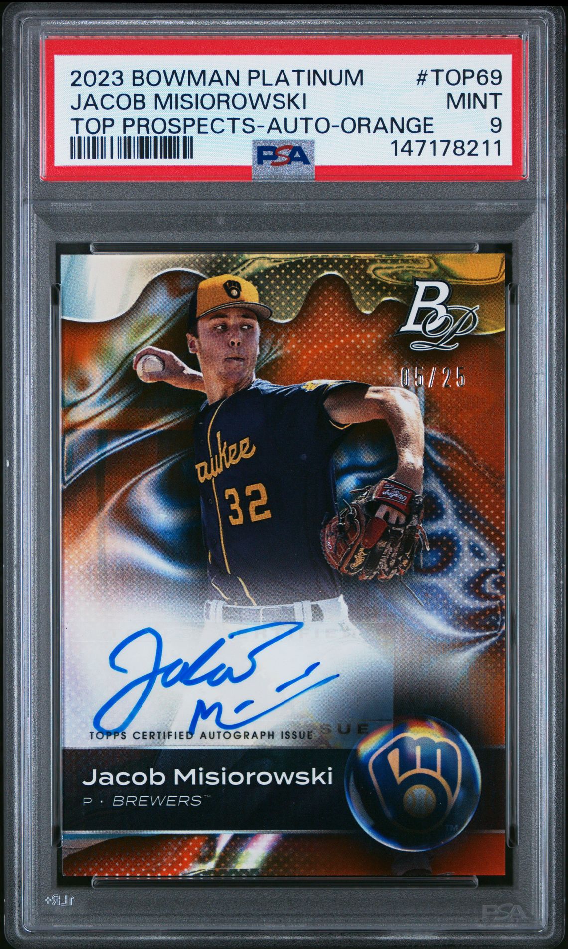 2023 Bowman Platinum Top Prospects Jacob Misiorowski #Top69 (Top Prospects-Auto-Orange) Mint 9 front