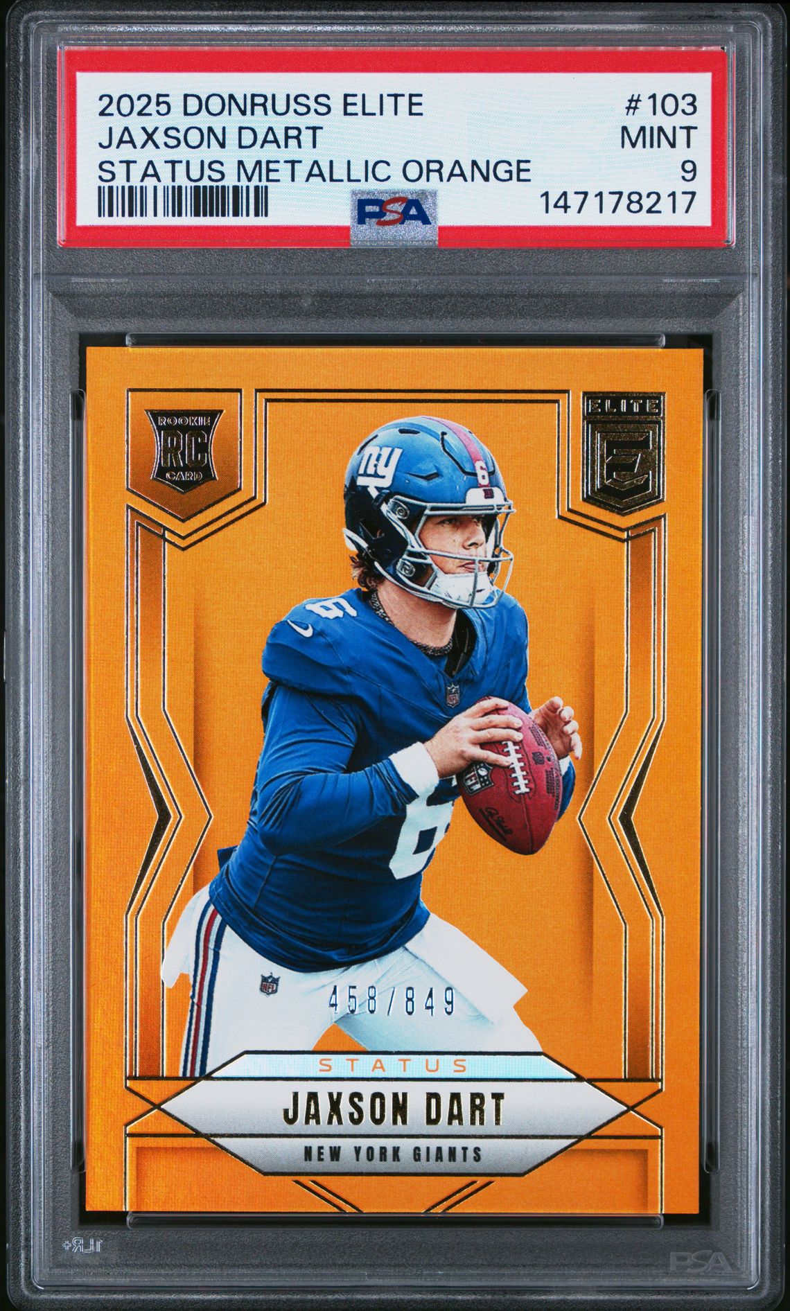 2025 Panini Donruss Elite Jaxson Dart #103 (Status Metallic Orange) Mint 9 front