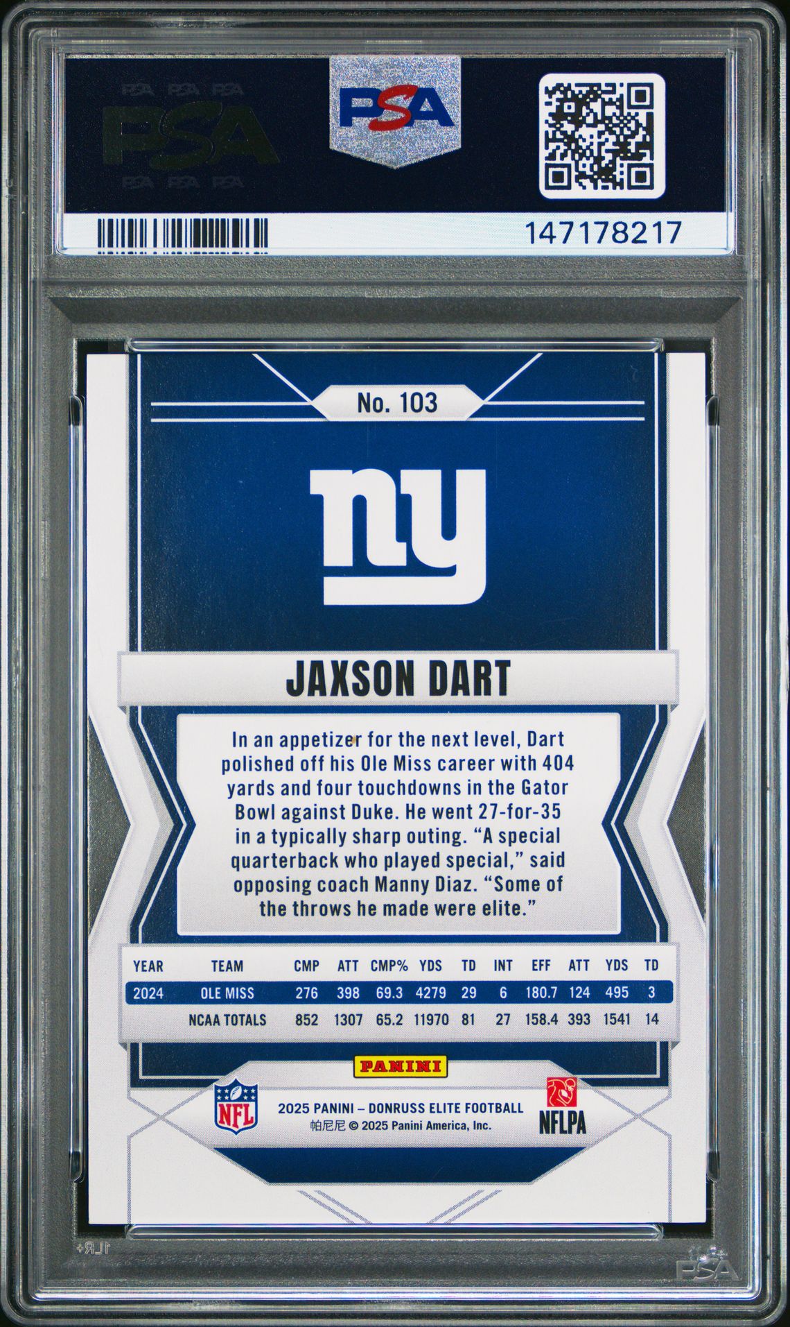 2025 Panini Donruss Elite Jaxson Dart #103 (Status Metallic Orange) Mint 9 back