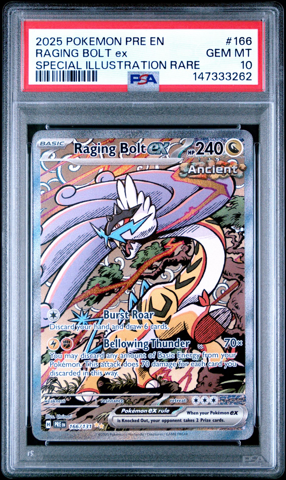 2025 Pokemon Pre En-Prismatic Evolutions Raging Bolt Ex #166 (Special Illustration Rare) Gem Mt 10 front view - PSA graded GEM MT 10