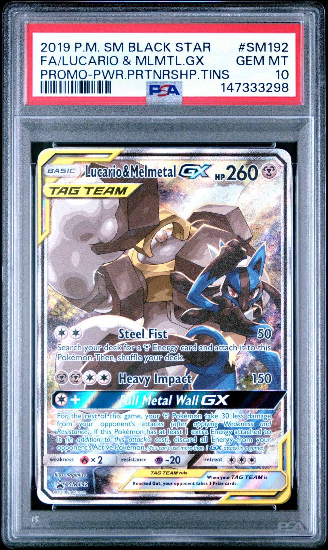 2019 Pokemon Sm Black Star Promo Fa/Lucario & Mlmtl.gx #Sm192 (Promo-Pwr.prtnrshp.tins) Gem Mt 10 front