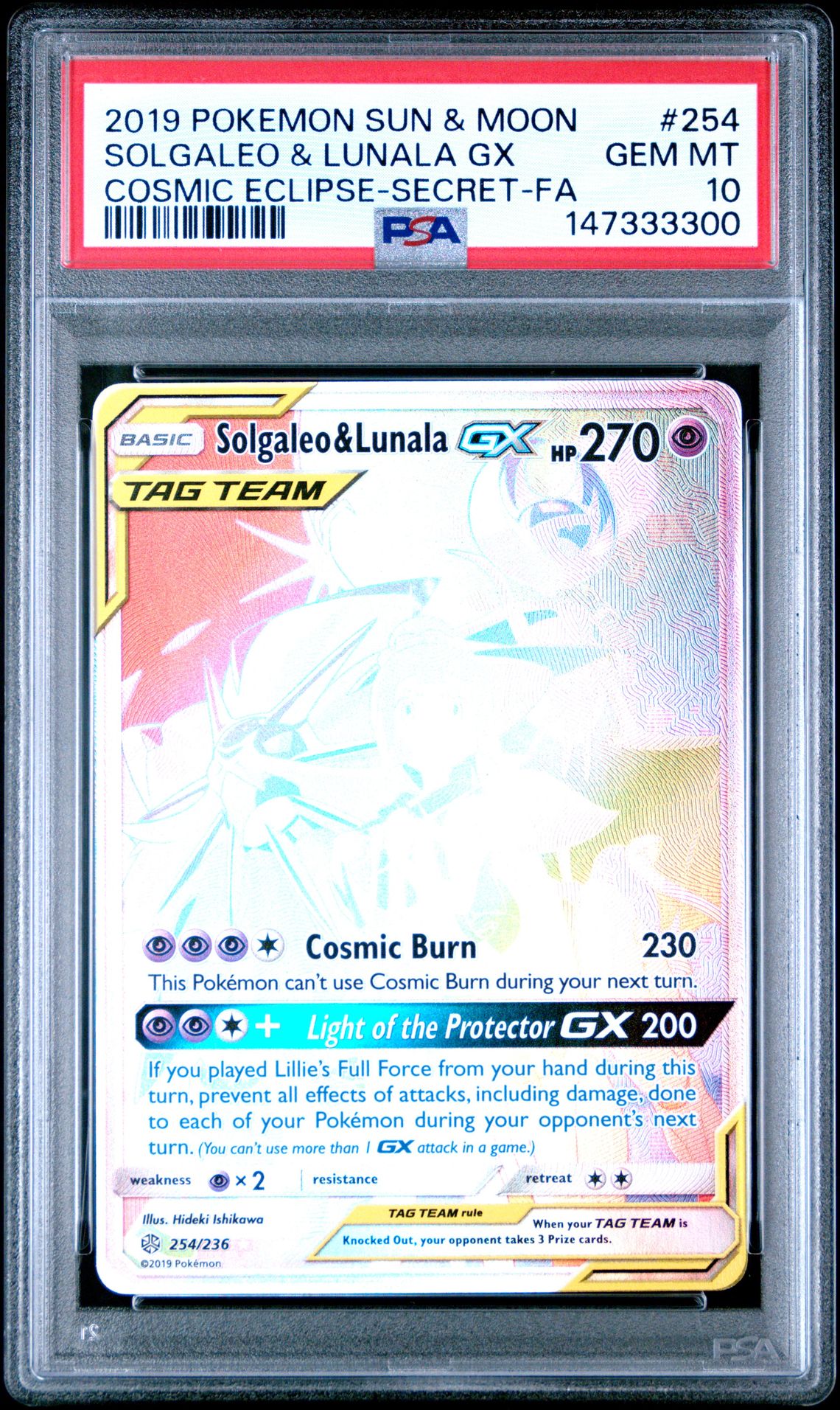 2019 Pokemon Sun & Moon Cosmic Eclipse Solgaleo & Lunala Gx #254 (Cosmic Eclipse-Secret-Fa) Gem Mt 10 front